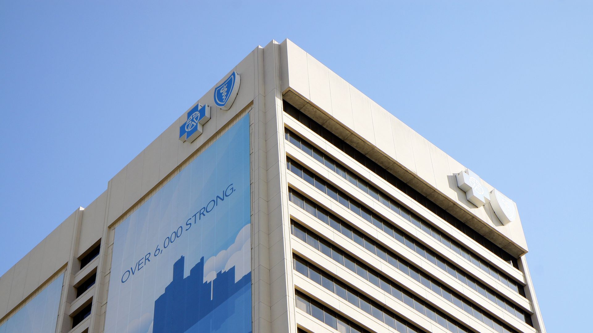 Blue Cross Blue Shield building and logo