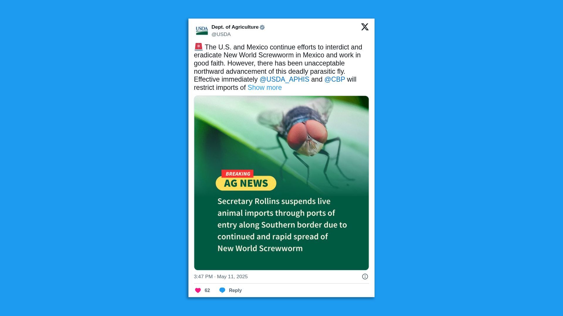 A screenshot of a USDA tweet showing a screwworm fly on a leaf, saying in part: ""I am happy to share Mexico has continued to partner in emergency efforts to eradicate New World Screwworm."  "At USDA we are working every day to keep pests and disease from harming our agriculture industry." 