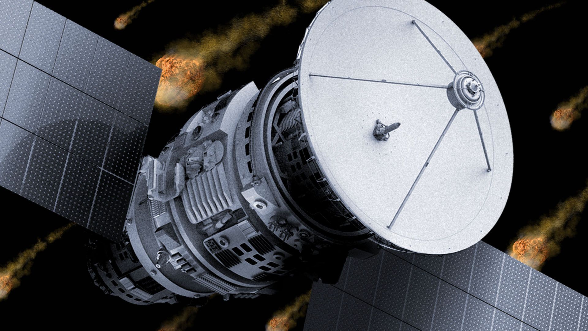 Illustration of a satellite blocking the view of many asteroids in the background