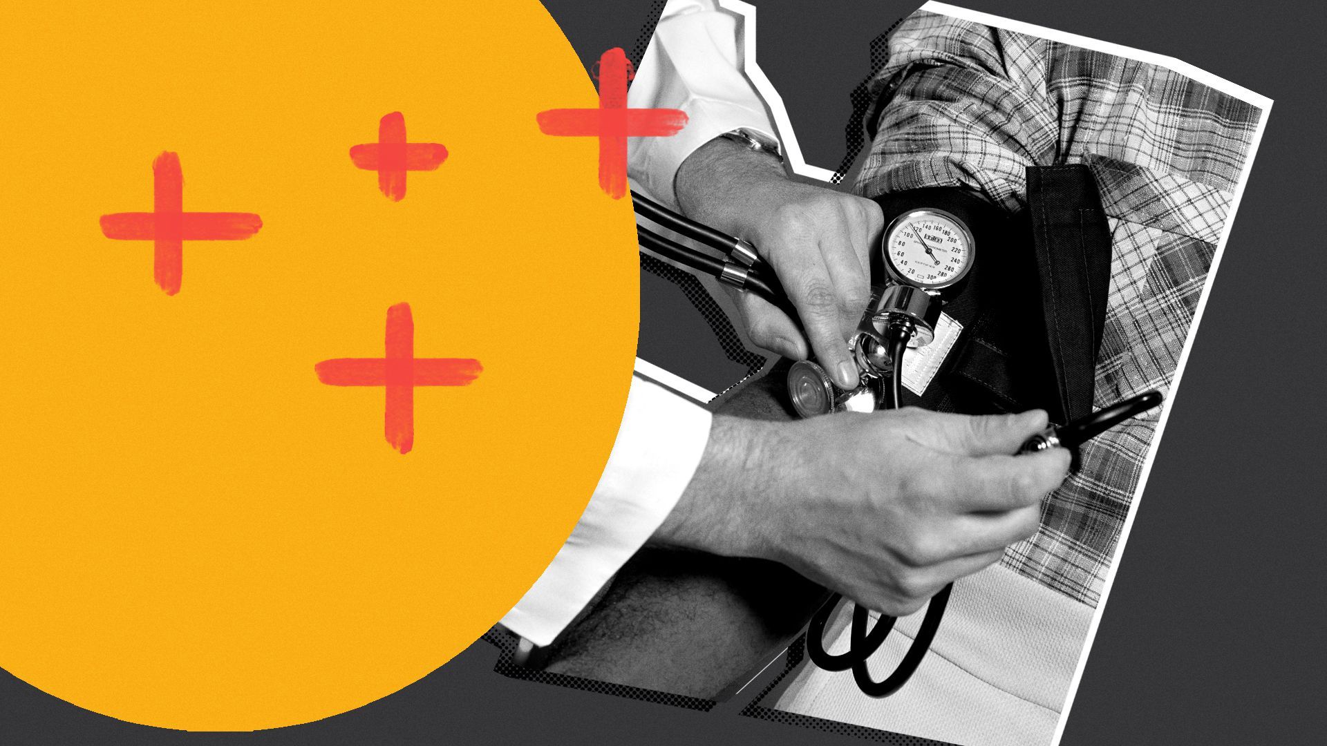 Photo illustration of a doctor's hands measuring the blood pressure of a patient