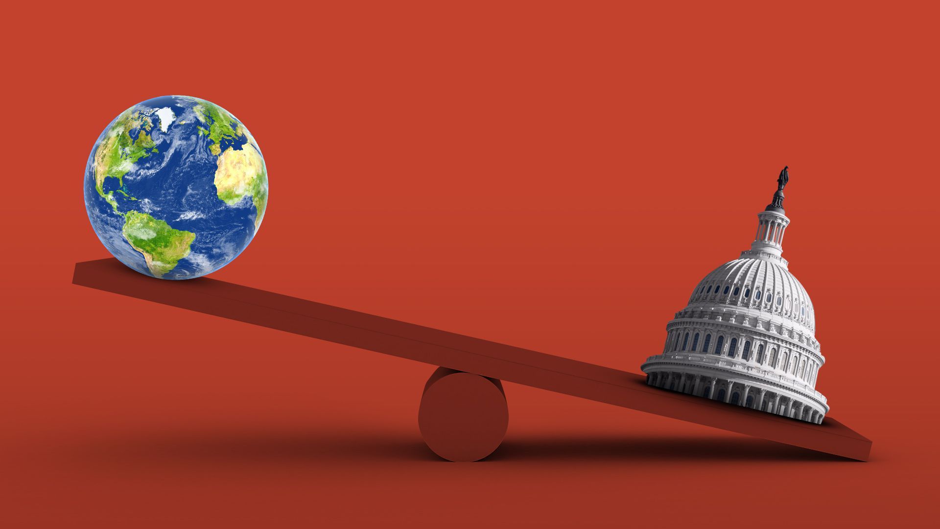 Illustration of the Earth being outweighed by Congress on a scale.