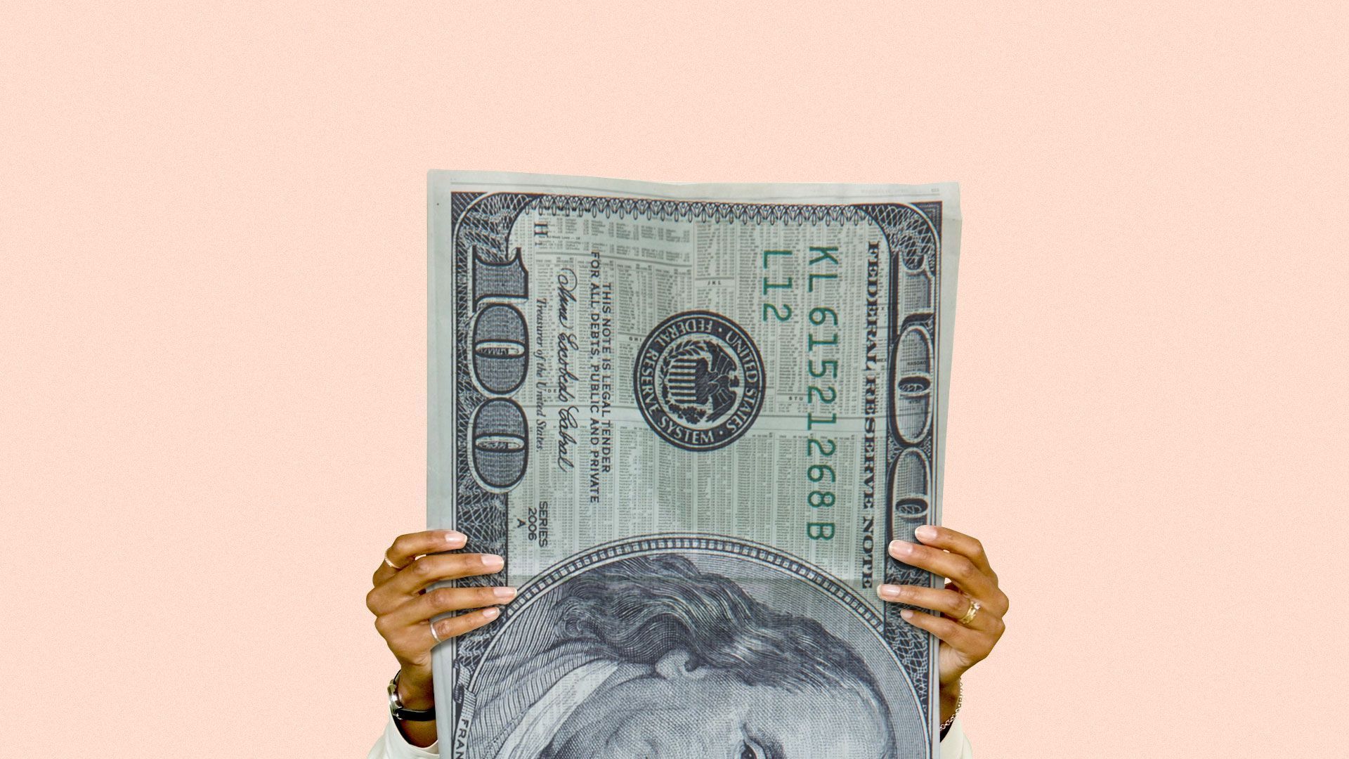 Illustration of a person holding money that is styled like a newspaper