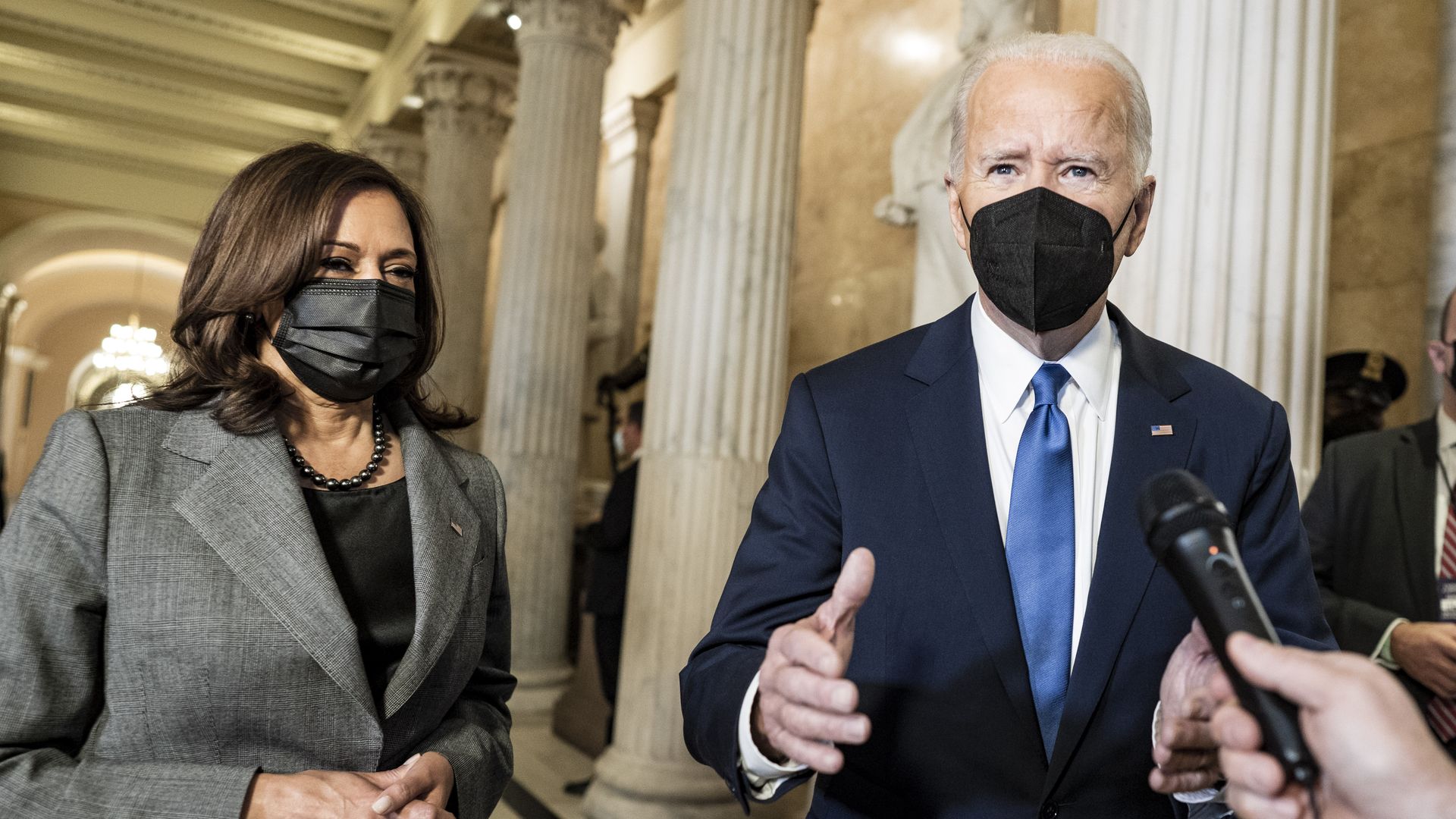 President Joe Biden speaks to the media as he departs with Vice President Kamala Harris after they spoke at the U.S. Capitol on January 6, 2022 in Washington, DC