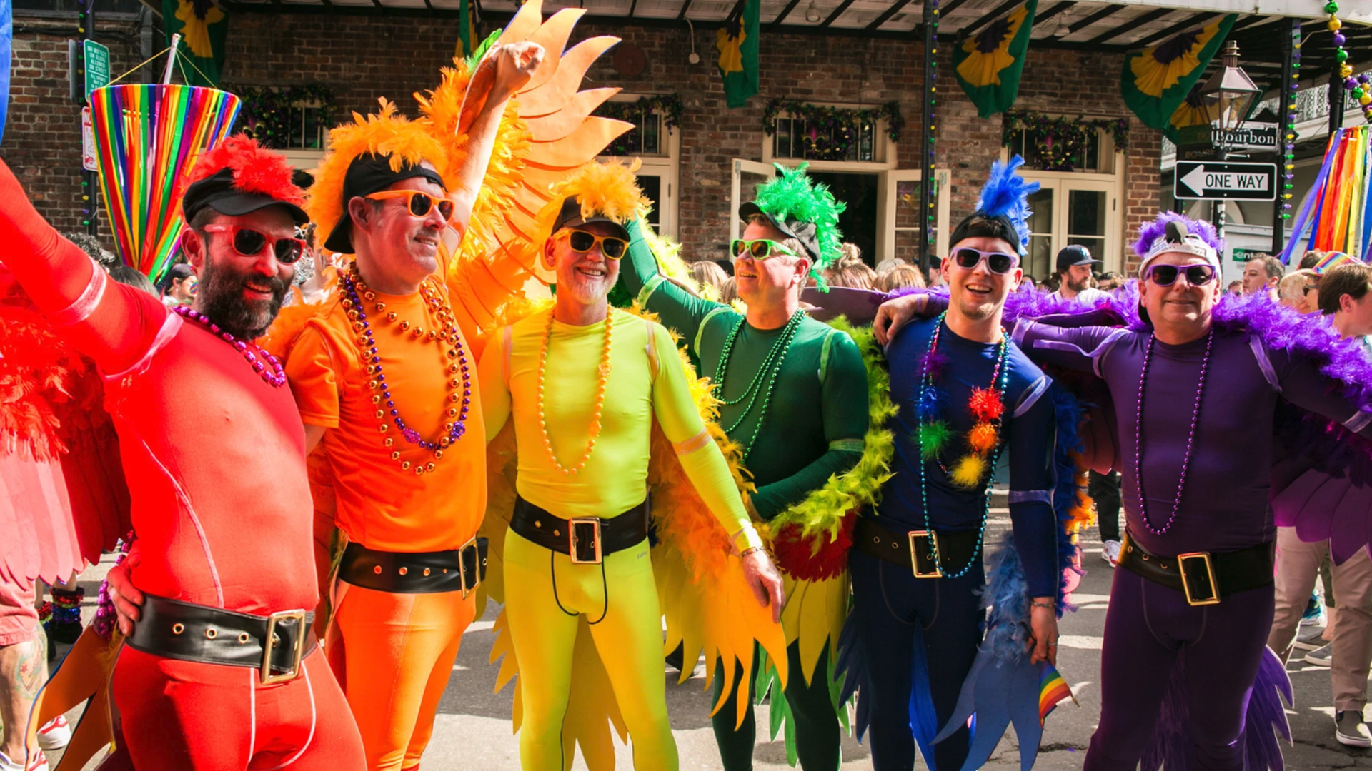 Image shows men dressed as birds in each color of the rainbow.