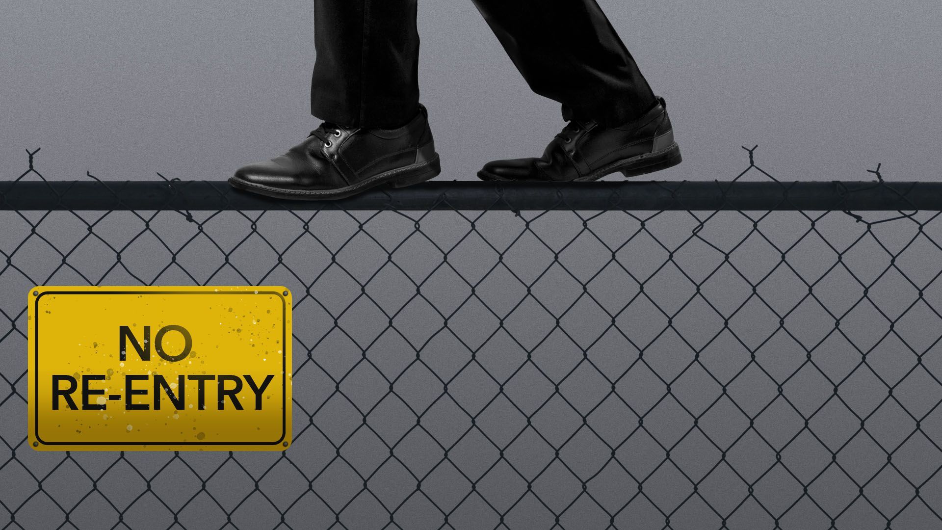 Illustration of a person in a suit navigating a chain link fence like a tightrope