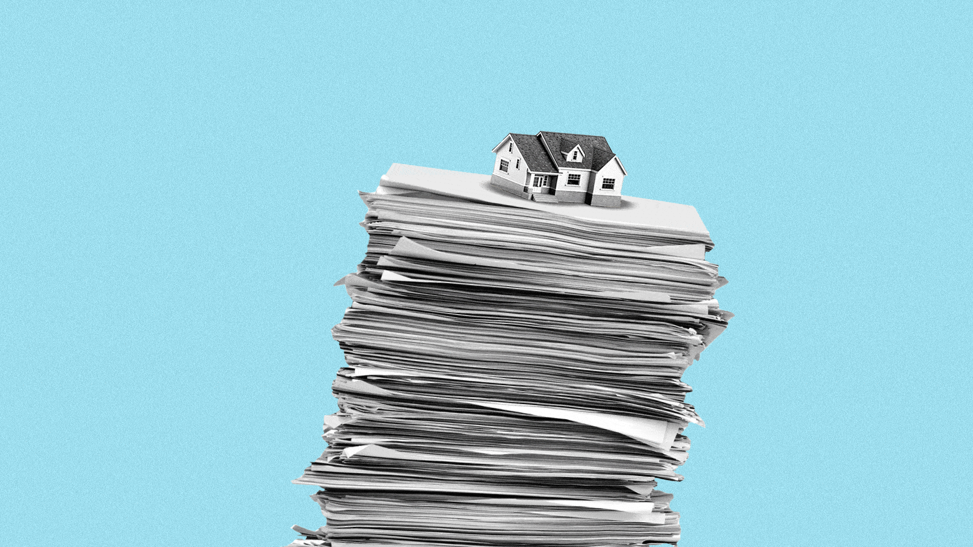 Animated illustration of a house teetering on top of a stack of wobbling paper.