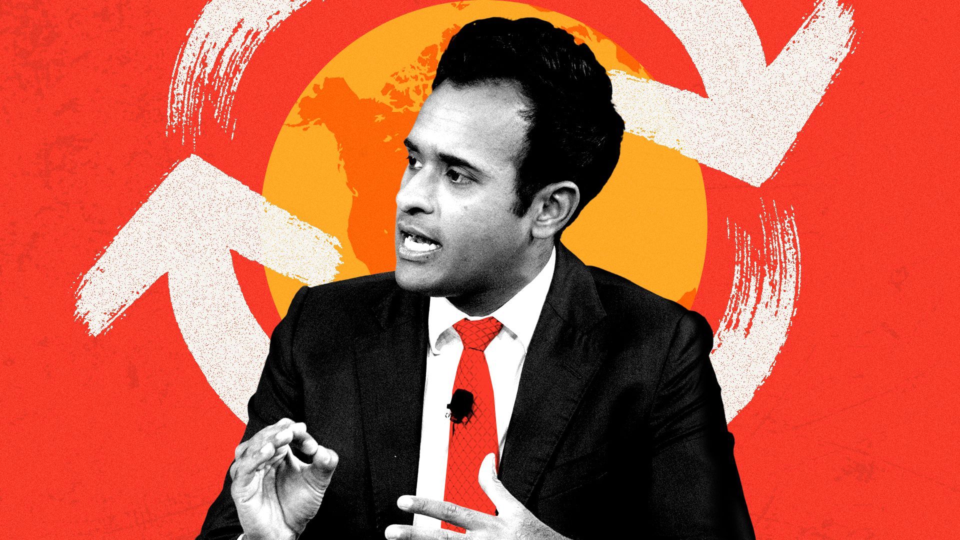 Photo illustration of chairman and founder of Roivant Sciences Ltd Vivek Ramaswamy with arrows and the earth in the background