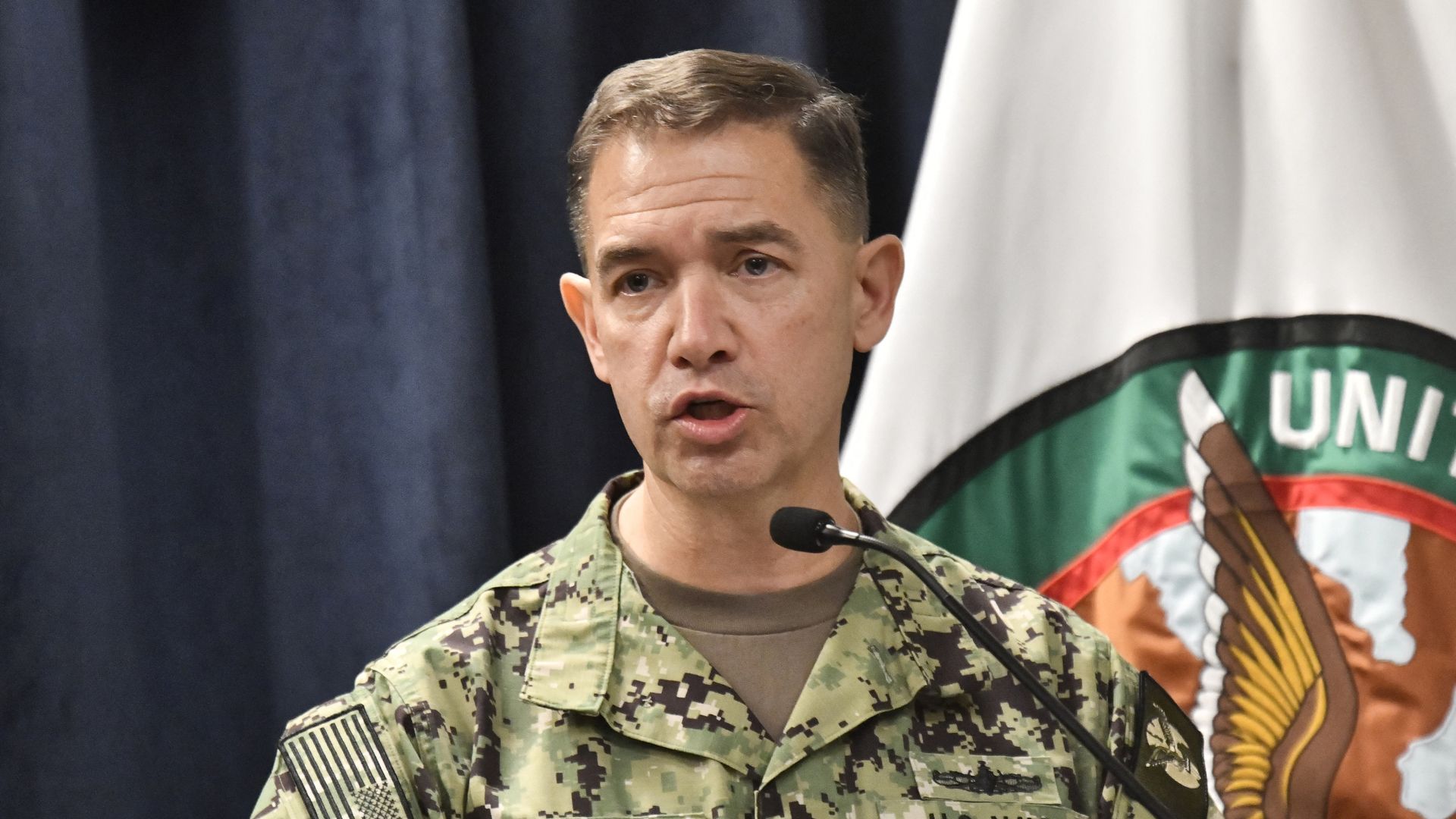 U.S. Central Command chief Adm. Brad Cooper speaks at a press conference in March.