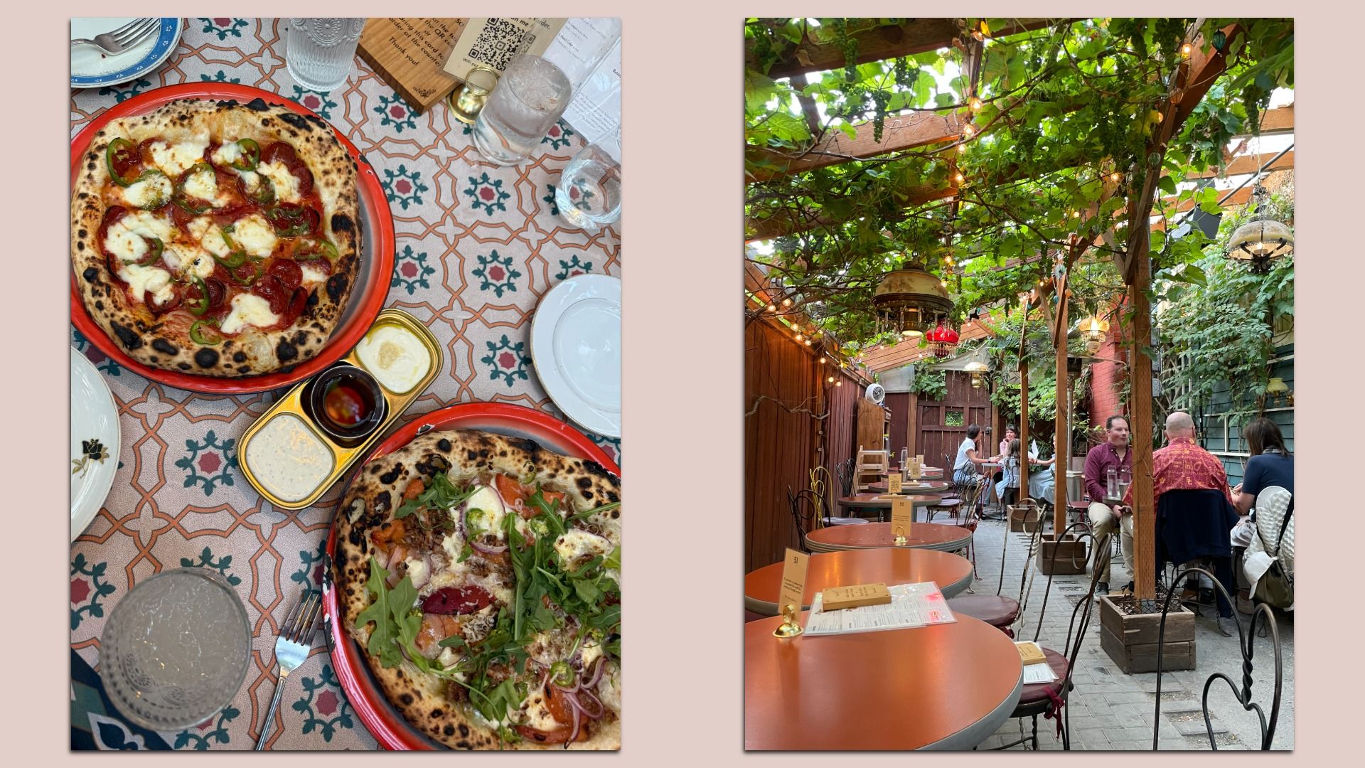 Two artisan pizzas on a patterned table with dipping sauces and sparkling drinks, next to a cozy outdoor patio with string lights, wooden trellis, and diners enjoying a leafy garden setting.