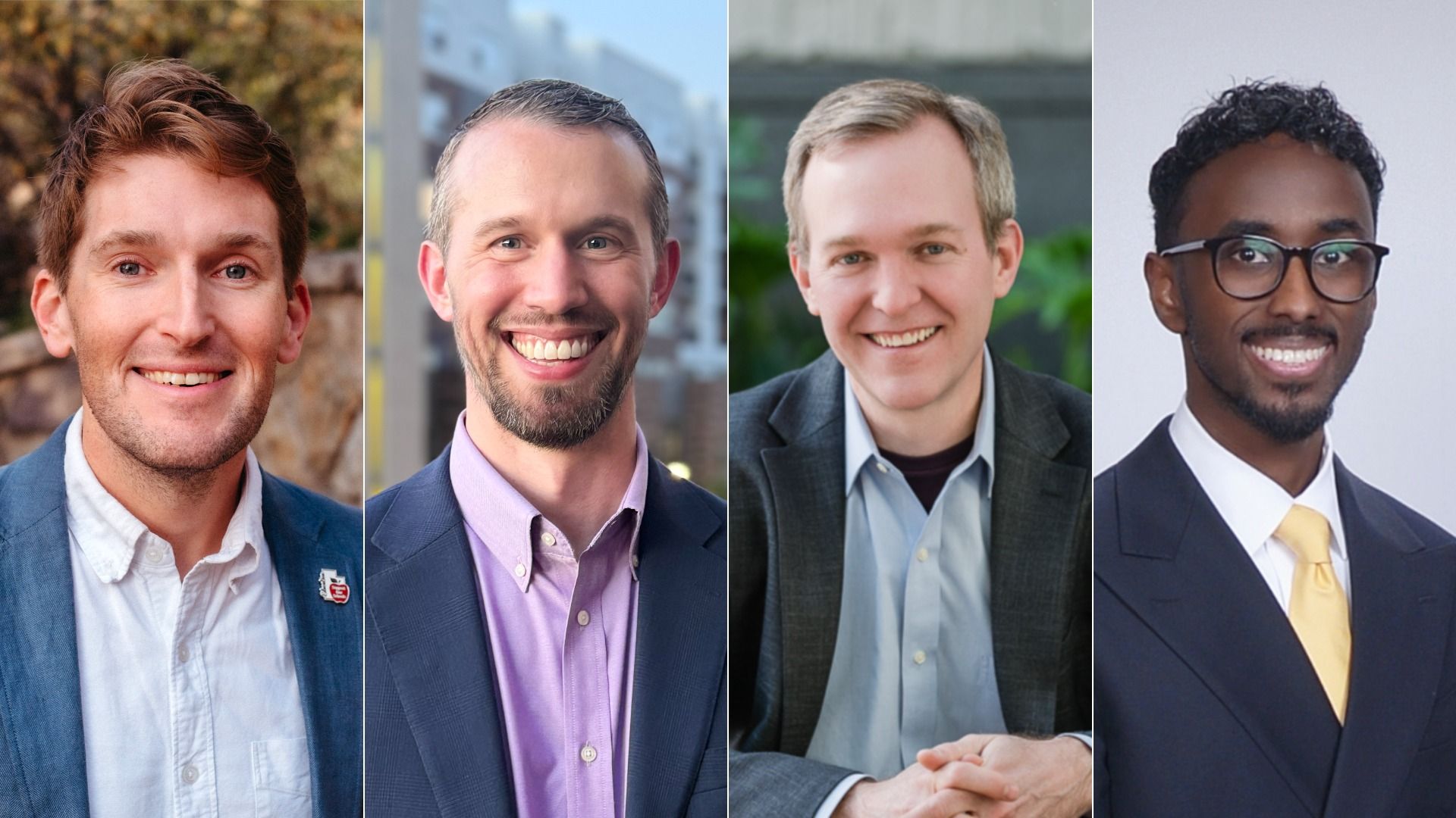 Collage of four smiling men in business wear: left in blue blazer outdoors, second in lavender shirt with city backdrop, third in gray suit, fourth in dark suit with glasses against a light wall.