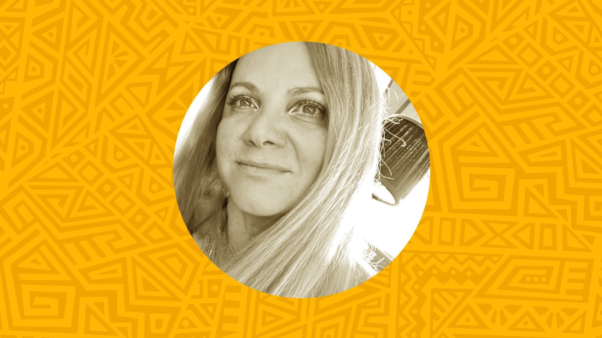 Photo illustration of Consuelo Lyonnet surrounded by an abstract patterned background.