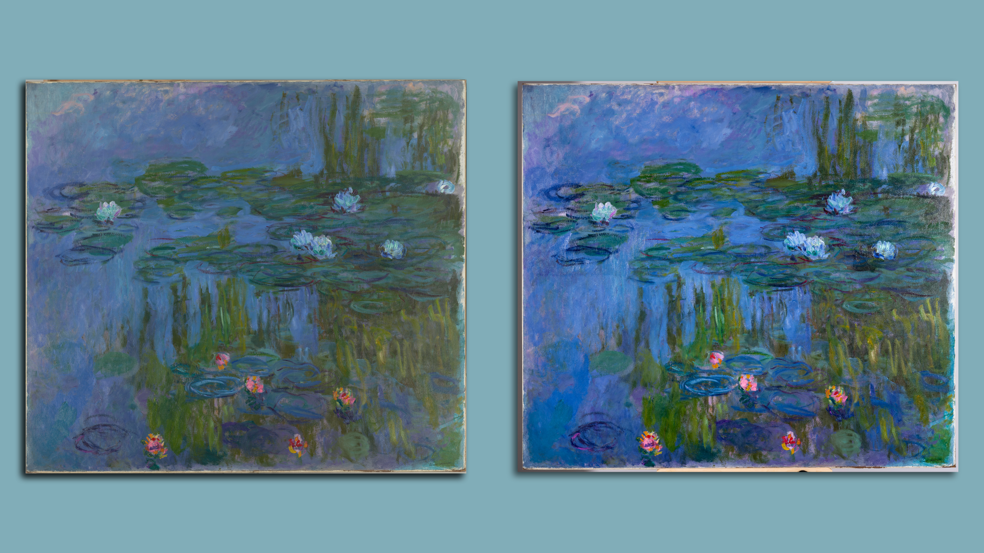 The image features two side-by-side Impressionist-style paintings of a pond with water lilies, similar to Claude Monet's works. Both have a blue color palette with green lily pads, reflections of vegetation, and scattered white and pink flowers. The paintings are framed and set against a muted blue 