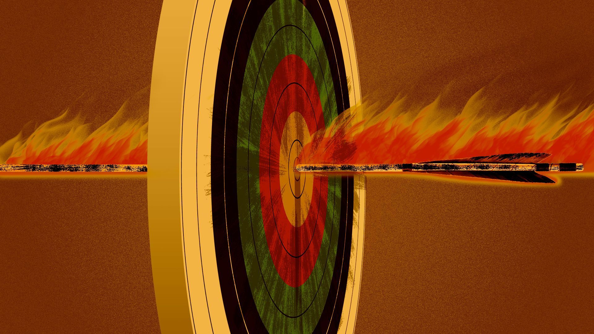 Illustration of a flaming arrow that has pierced a target, sticking out the other side.