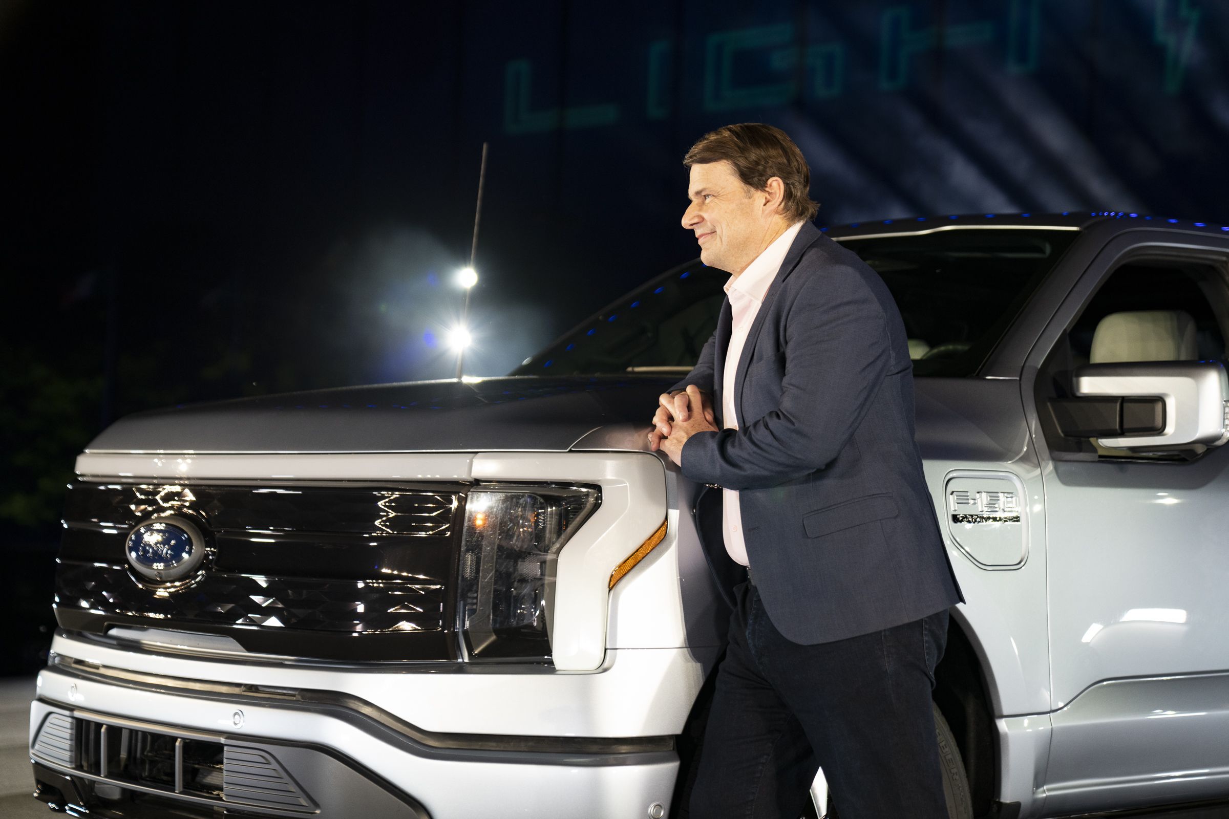 Ford CEO Jim Farley speaks at a launch event for the all-electric F-150 Lightning pickup 2021.