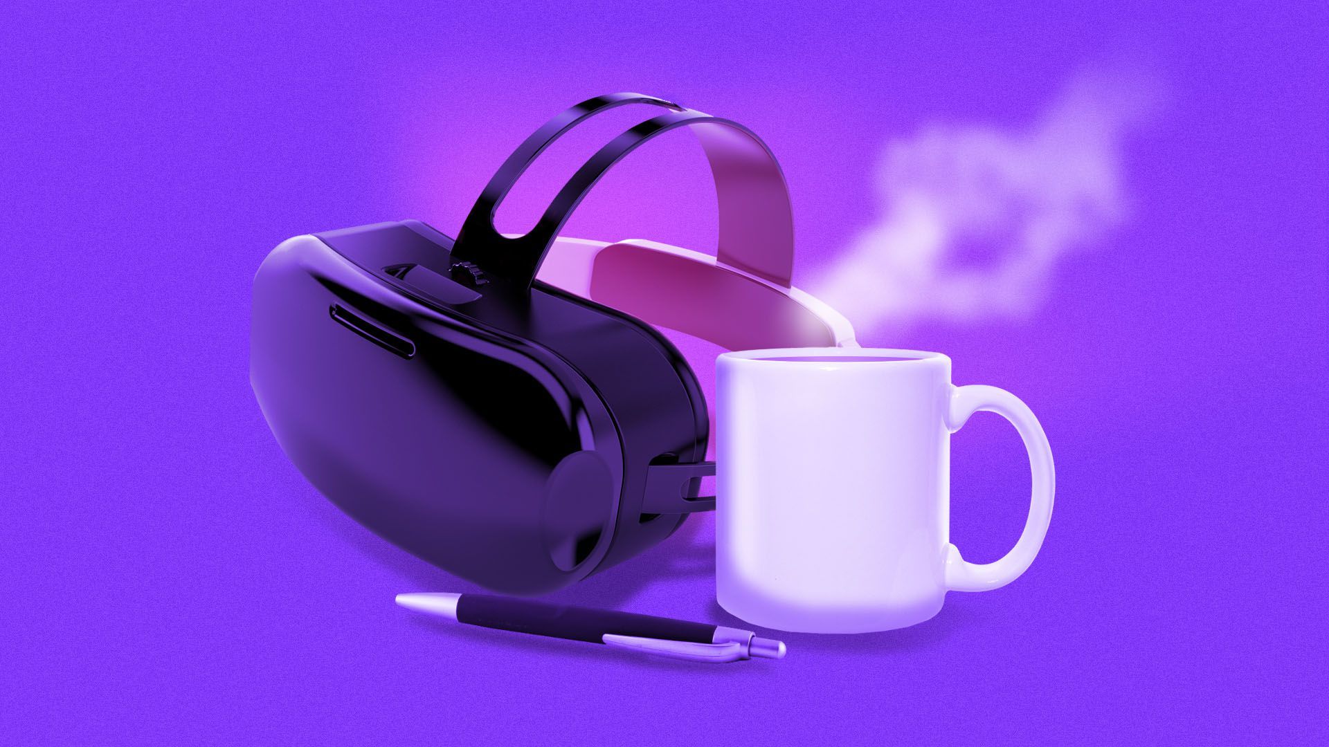 Illustration of a VR headset next to a steaming cup of coffee and a pen
