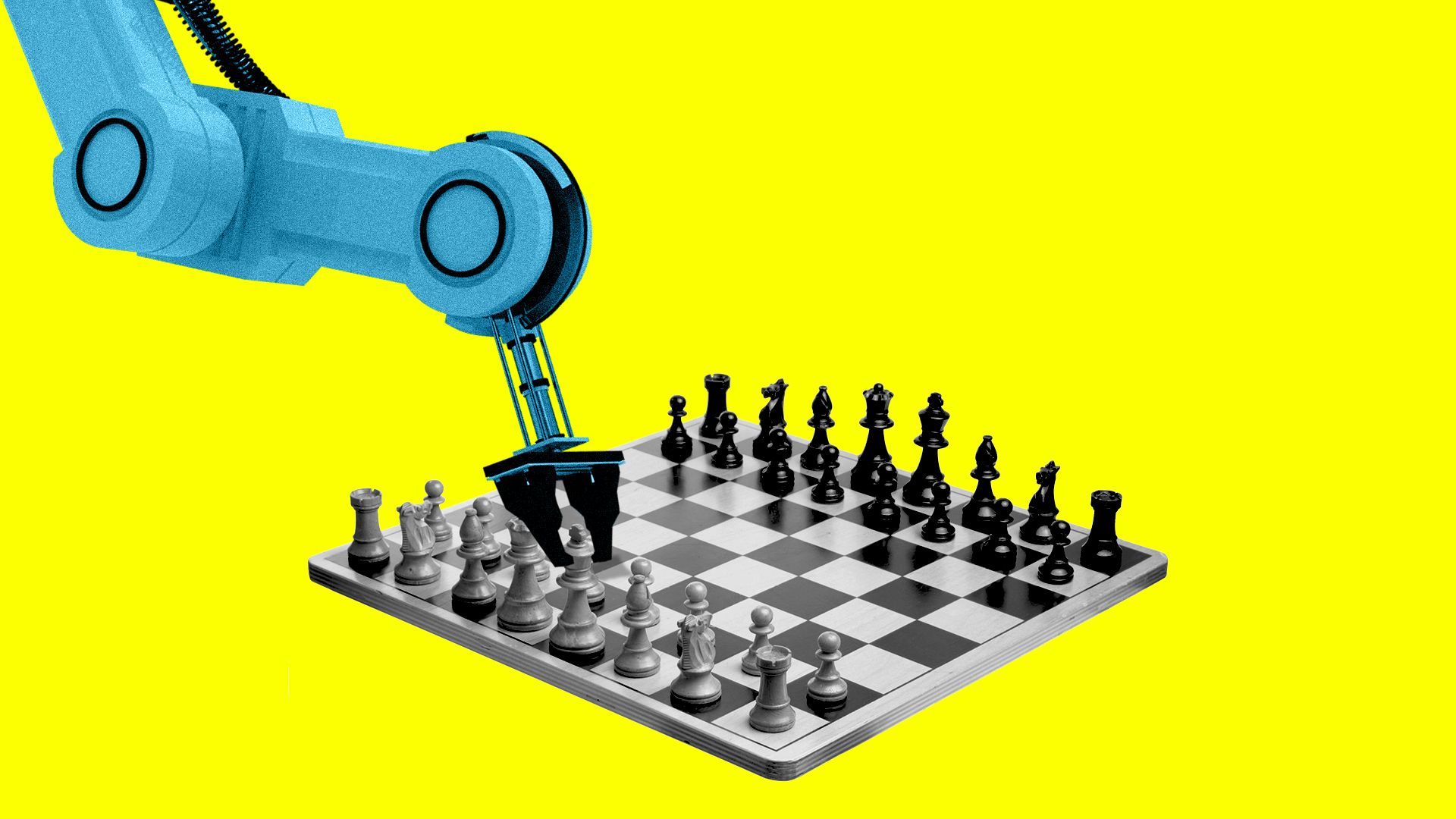 Illustration of robotic arm moving chess pieces on a board.