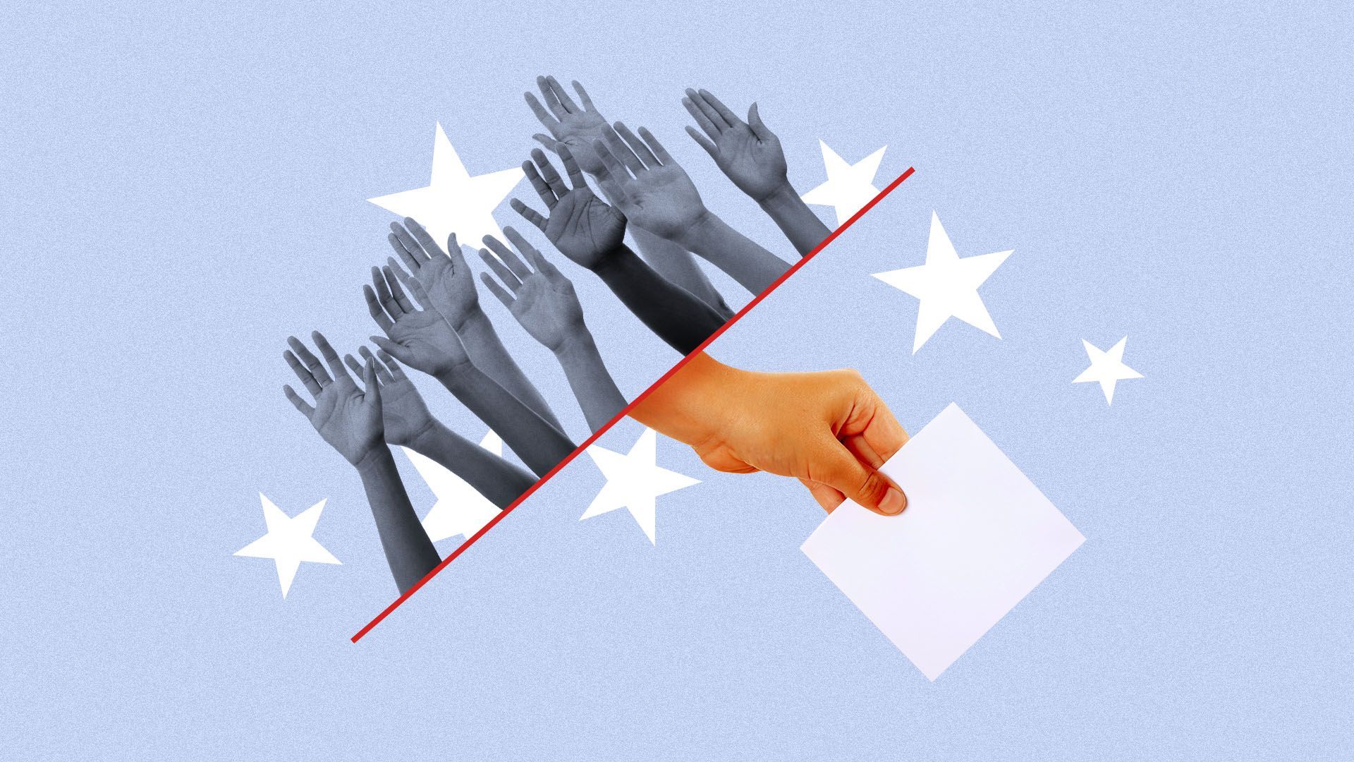 Illustration of a group of raised hands contrasted next to a single large hand voting