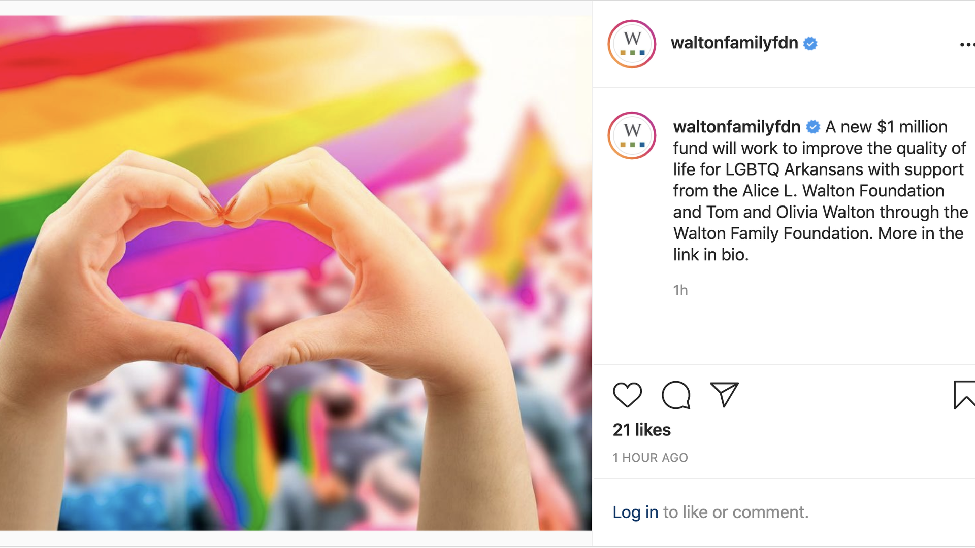 A screen shot of the Walton Family Foundation's Instagram post about LGBTQ support in Arkansas