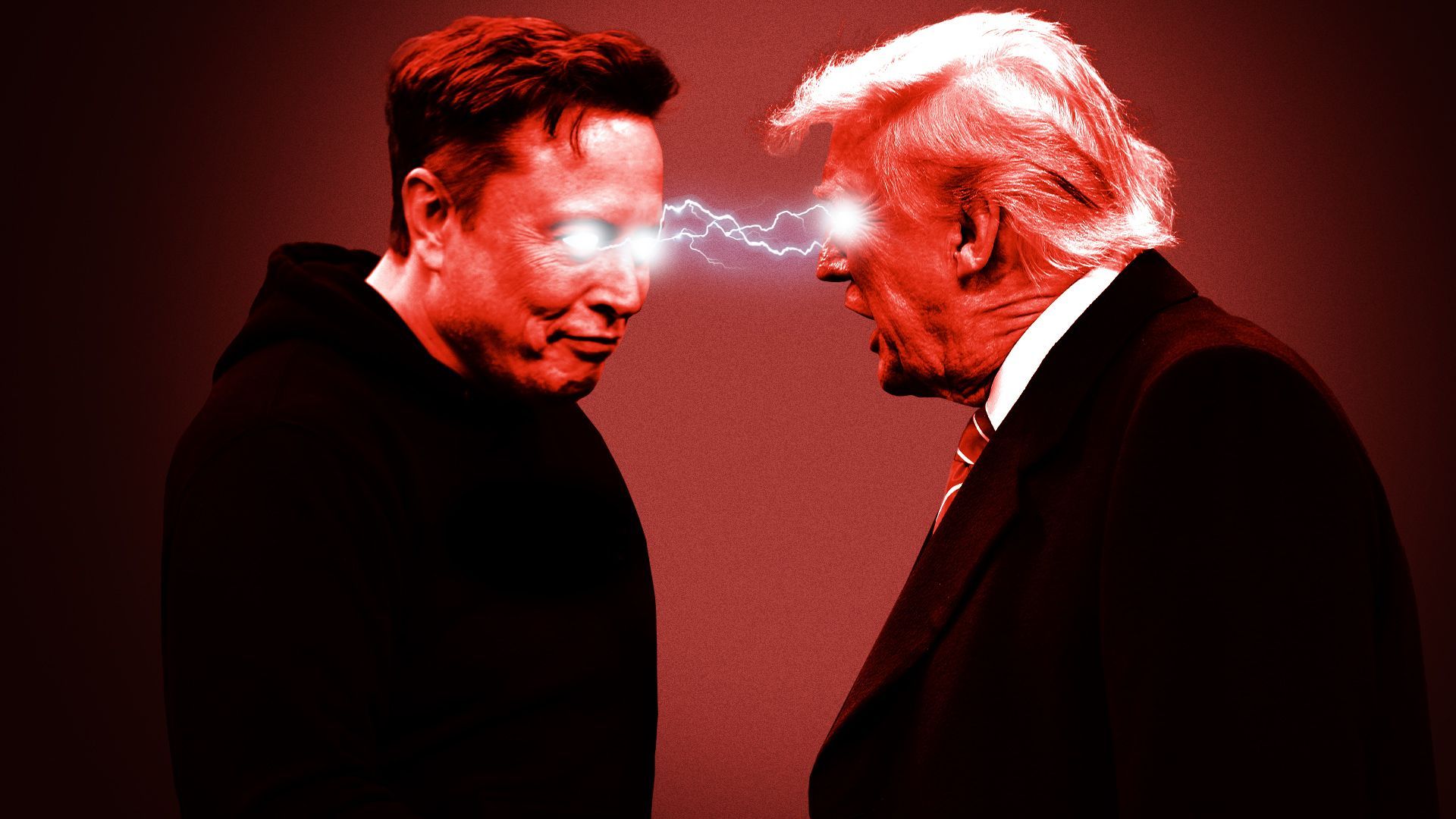 Photo illustration of Elon Musk and President Trump with lightening shooting between their eyes.