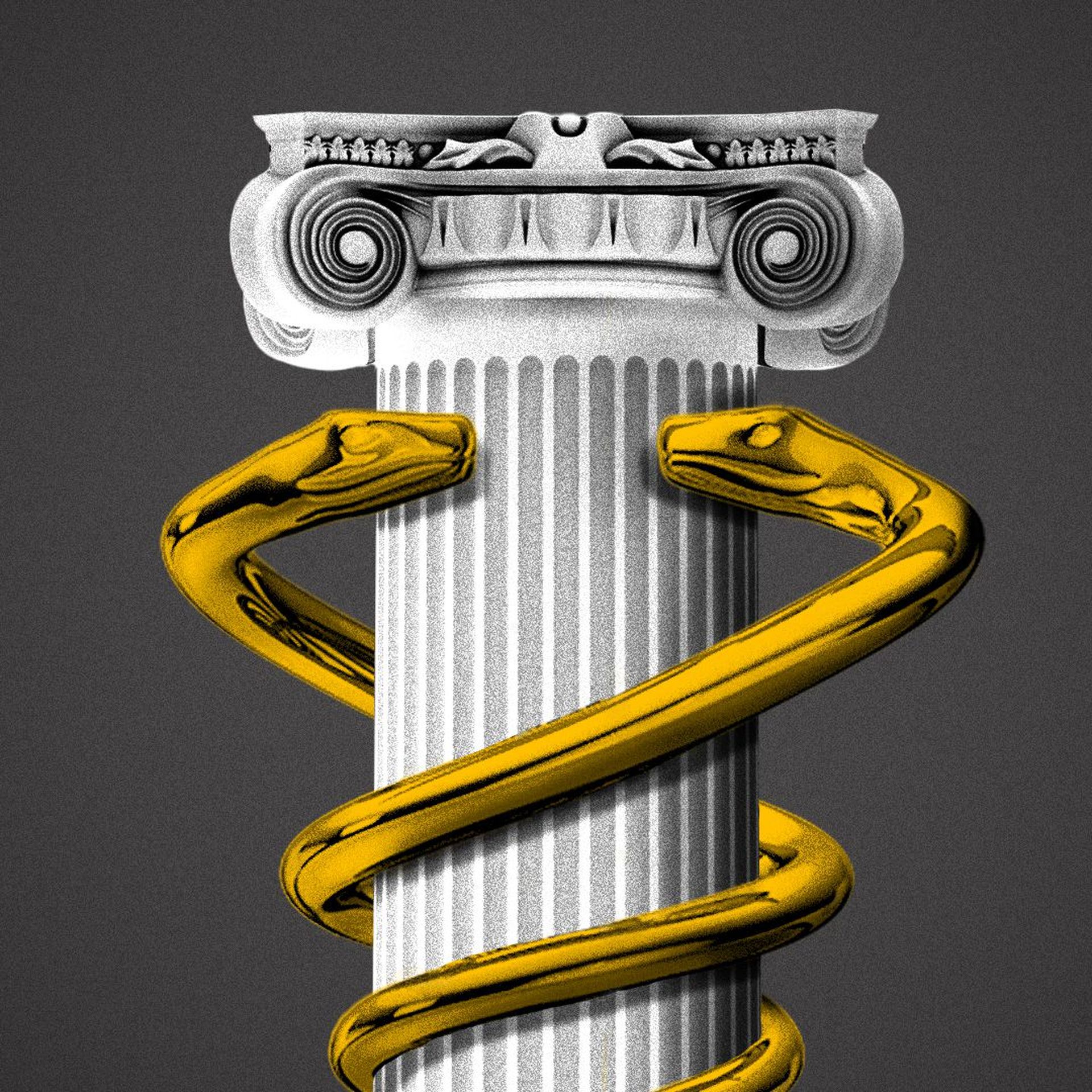 Illustration of a column wrapped in snakes from a caduceus.