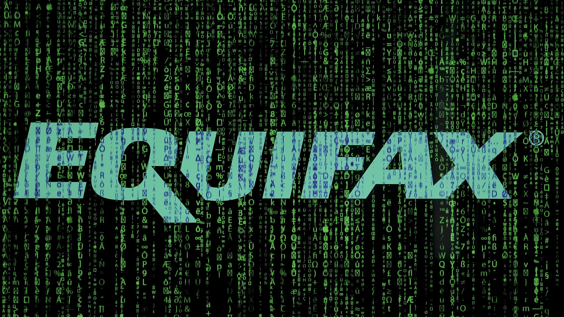Equifax logo in white before data in green.