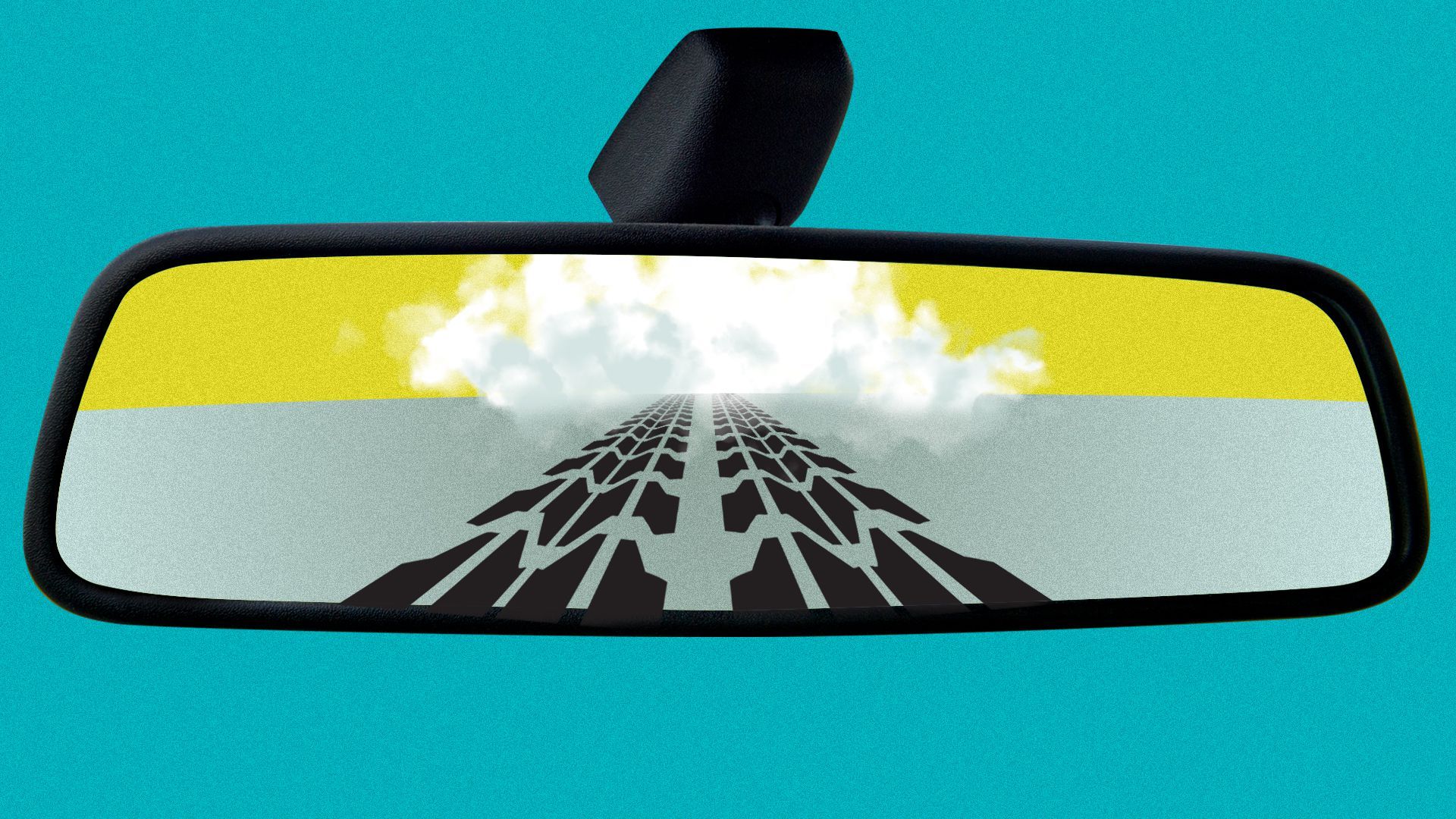 Illustration of a car's rear-view mirror, in which tire tracks and a dust cloud can be seen.
