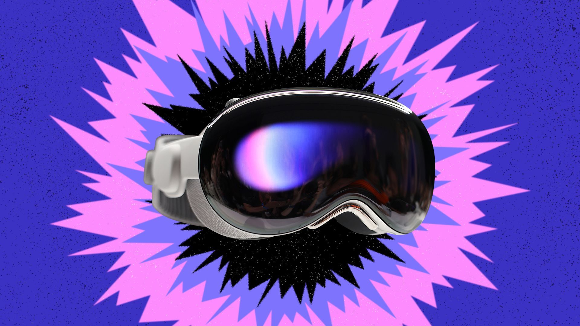 Photo illustration of Apple's Vision Pro headset on a brightly colored starburst patterned background. 