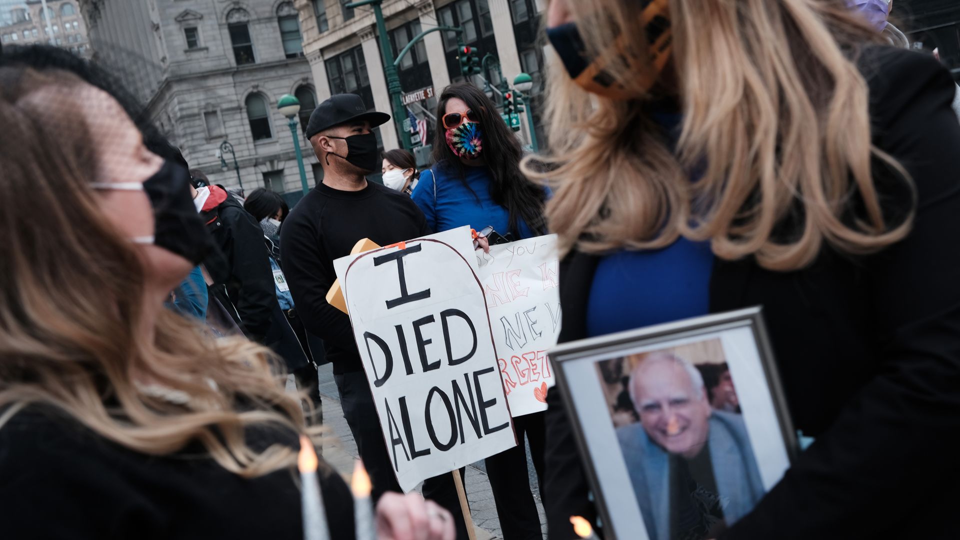 People who've lost loved ones due to Covid-19 while they were in New York nursing homes attend a protest and vigil on March 25, 2021 in New York City.
