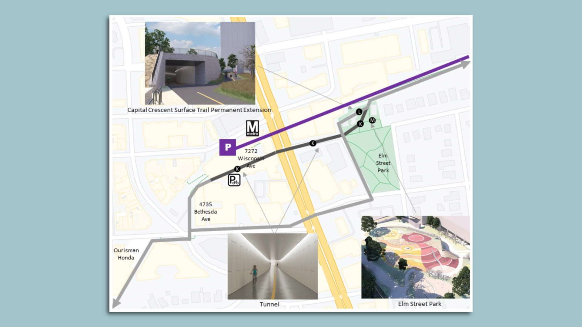 A map of the proposed bicycle trail tunnel running under Wisconsin Avenue