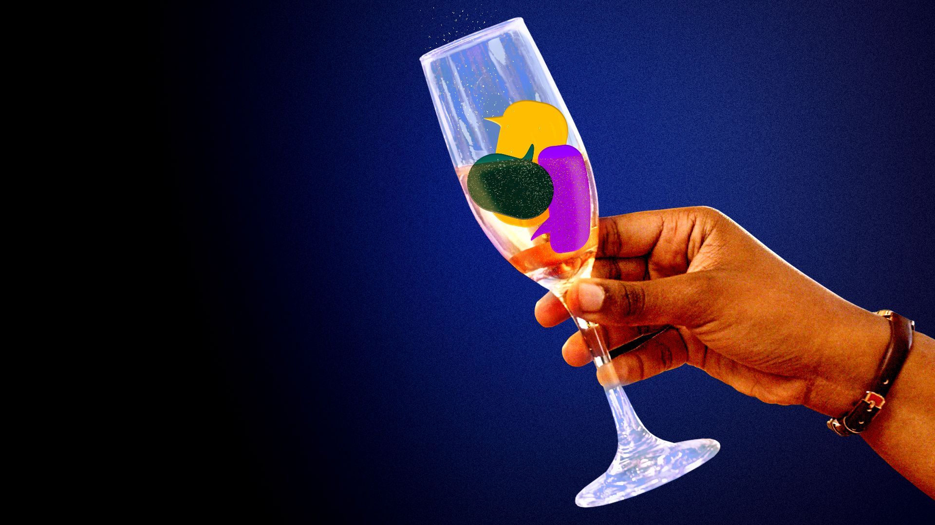 Illustration of a hand toasting with a champagne glass that is filled with small speech bubbles.