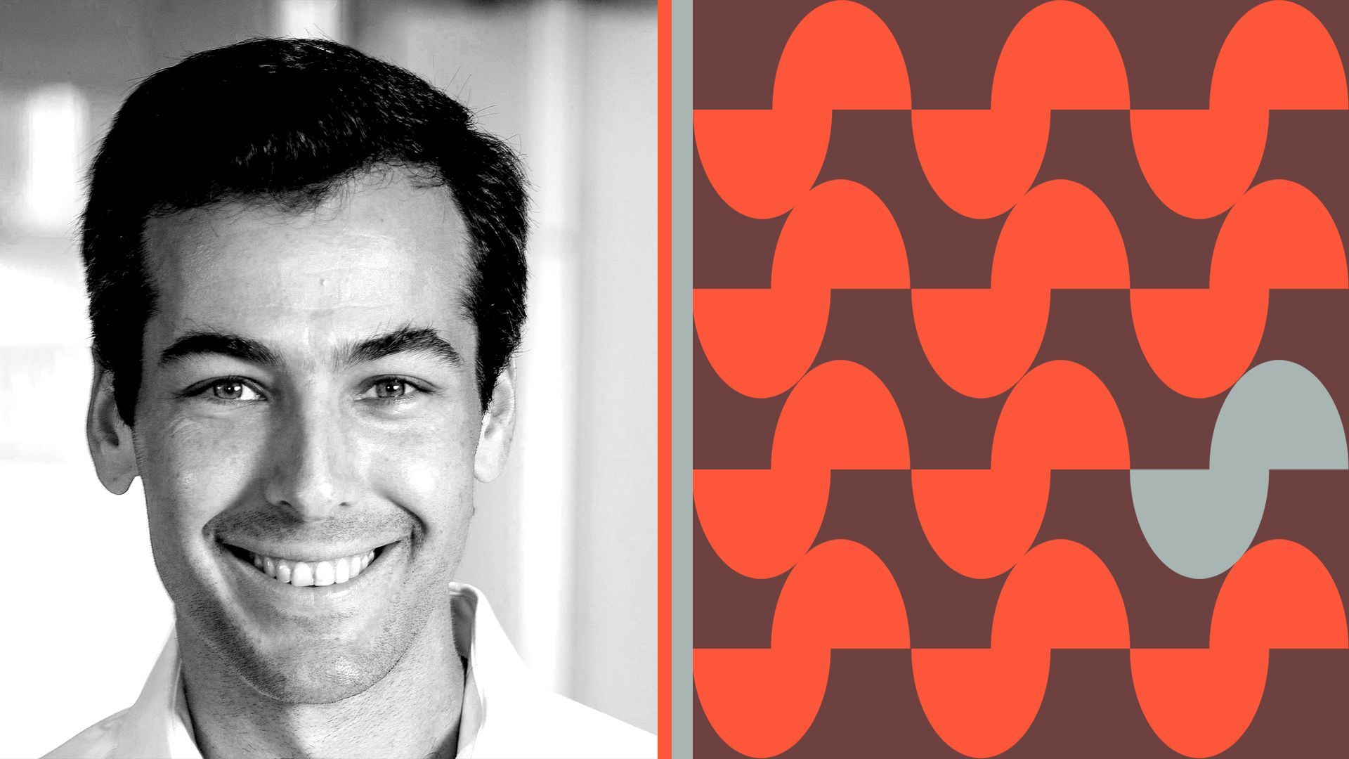 Photo illustration of Michael Shulman surrounded by an abstract pattern made up of the Suno logo. 
