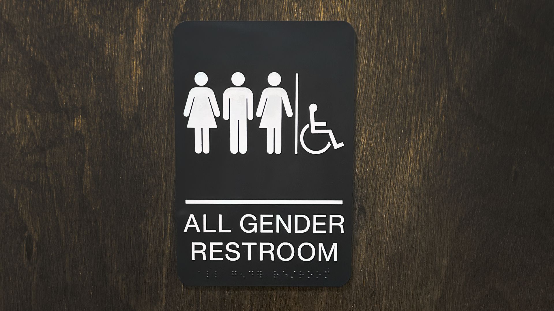 An "all gender restroom" sign, with icons picturing a person in a dress, person with no dress, and a person with half a dress, and a wheelchair user symbol