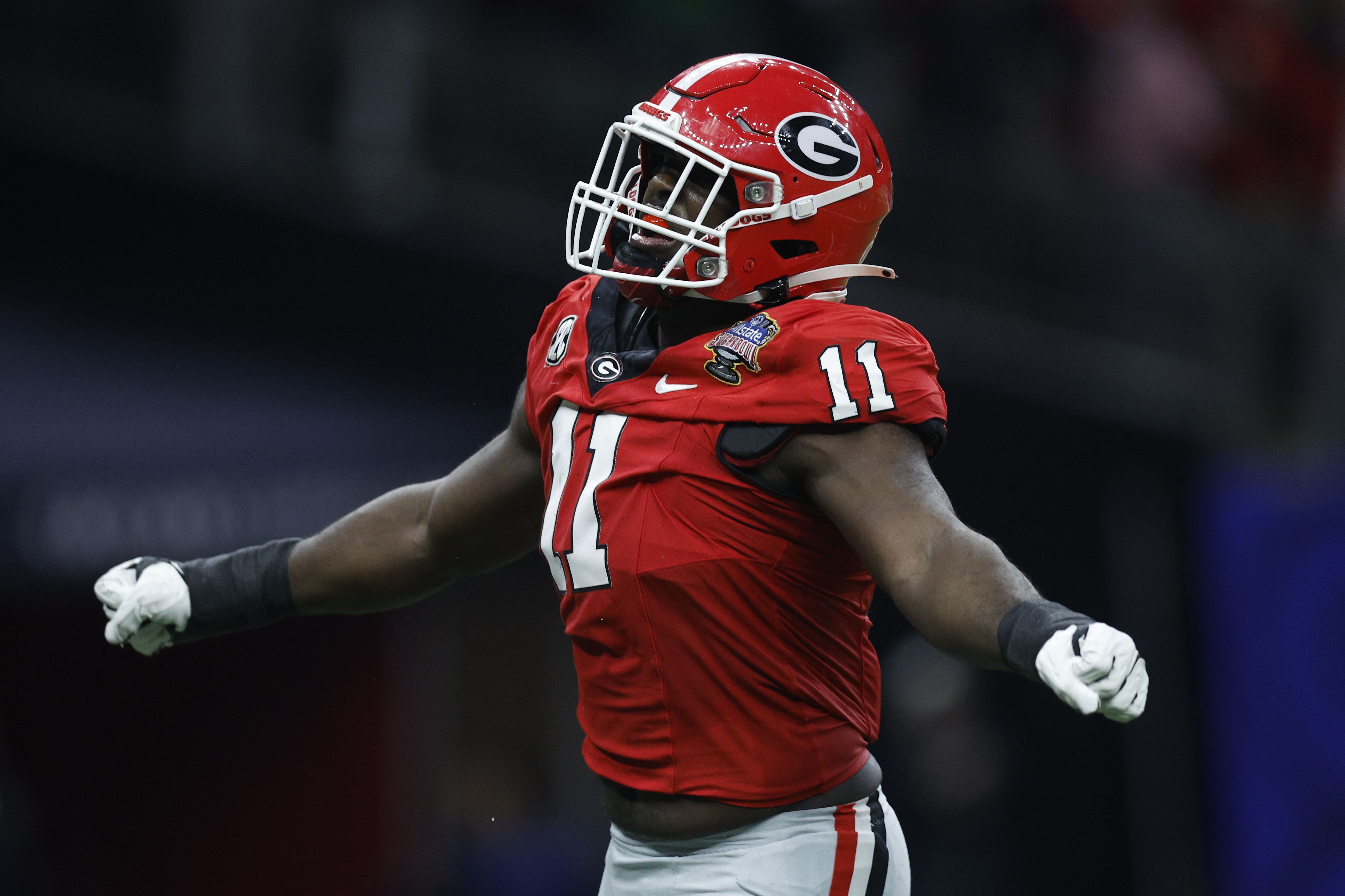 Jalon Walker #11 of the Georgia Bulldogs reacts after breaking up a pass during the first quarter against the Notre Dame Fighting Irish during the 91st Allstate Sugar Bowl at Caesars Superdome on January 02, 2025 in New Orleans, Louisiana. (Photo by Sean Gardner/Getty Images)