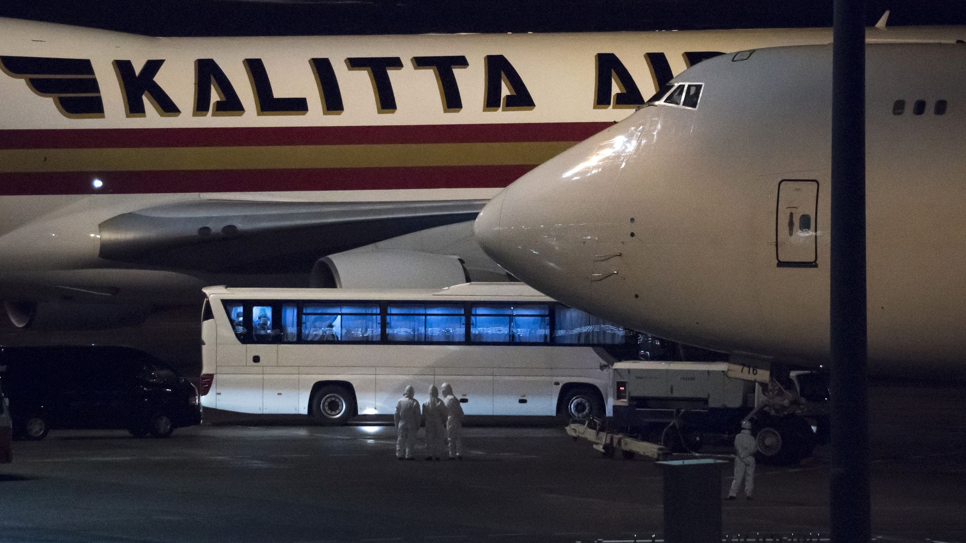  A bus carrying American citizens from the quarantined Diamond Princess cruise ship arrives at the airport in Tokyo, Japan