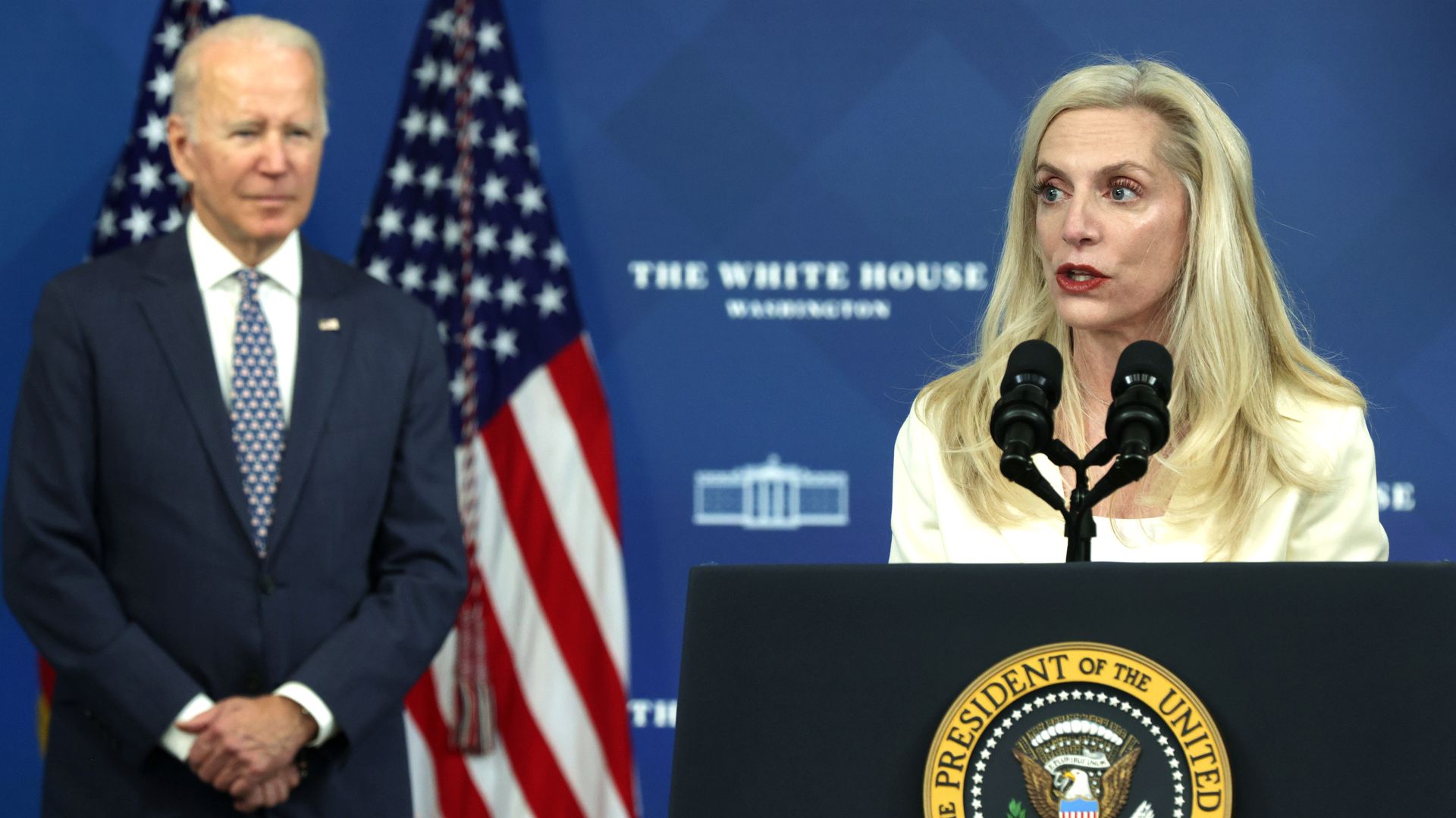 President Biden is seen looking on as Fed Vice Chair-nominee Lael Brainard speaks.