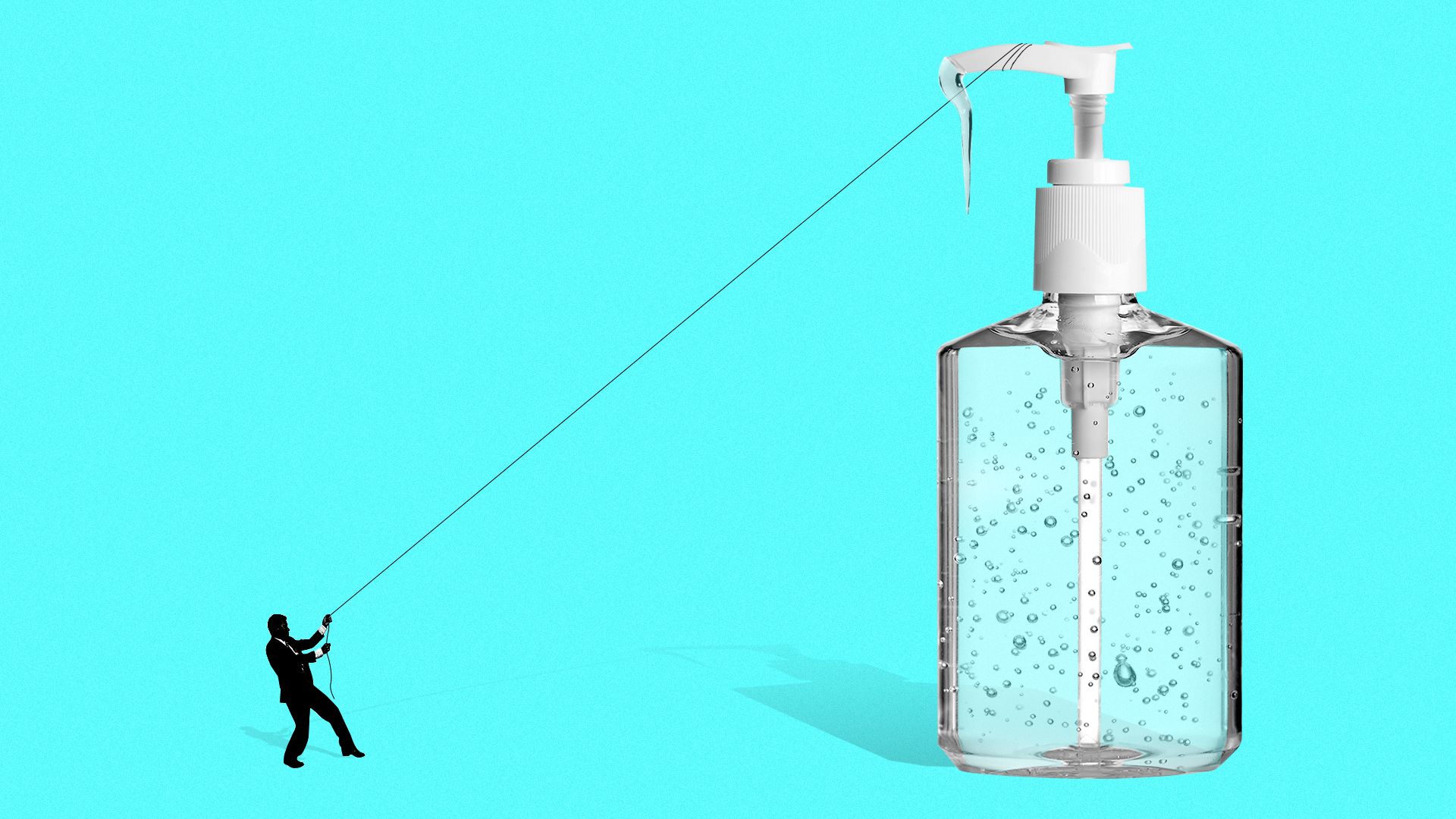 Illustration of a small man next to a giant bottle of hand sanitizer, pulling the top down with a string