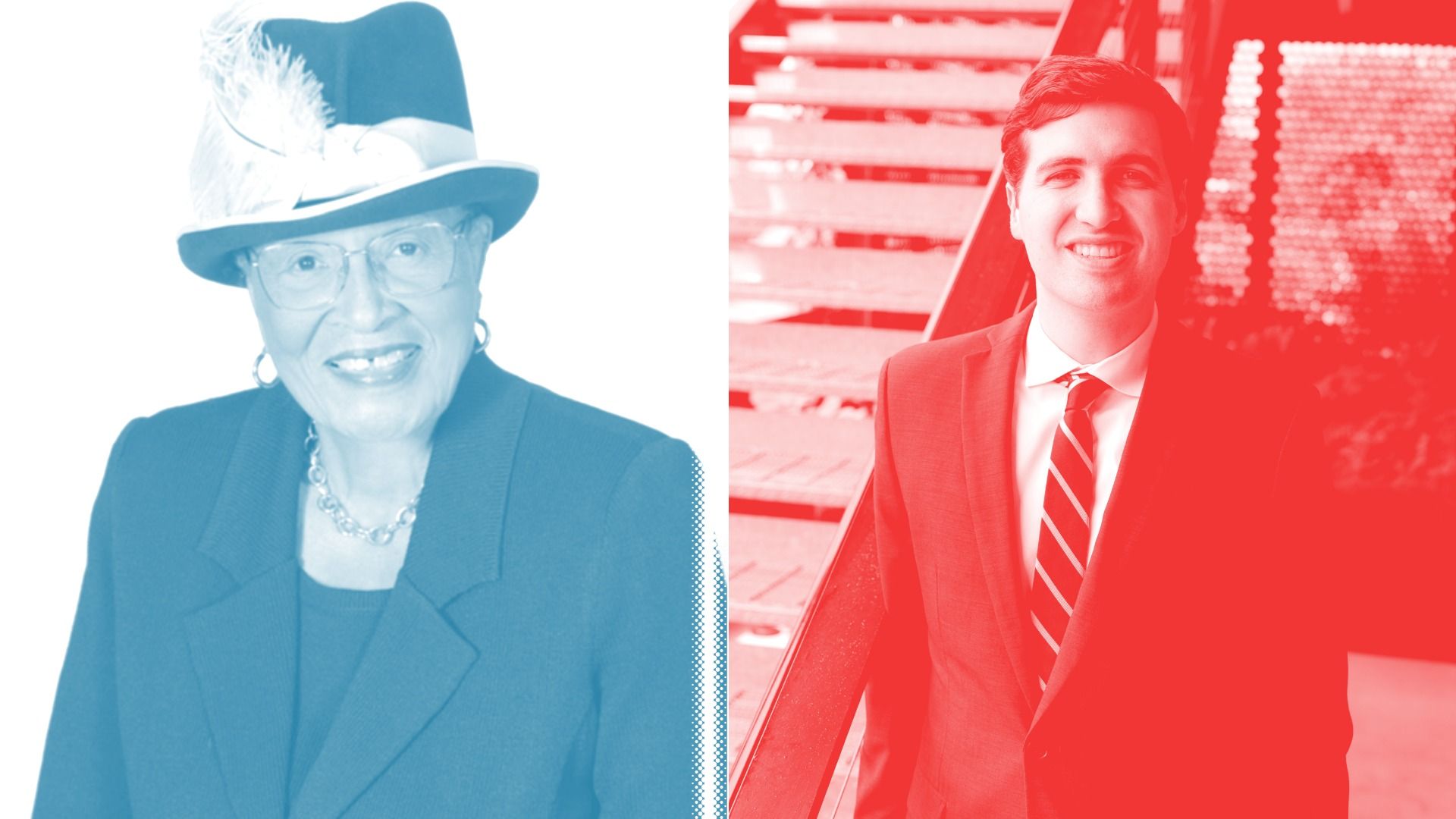 Split image with blue tint on the left: an older woman wearing a hat, glasses, and blazer. On the right, a smiling man in a suit on an escalator with a red tint and office backdrop.