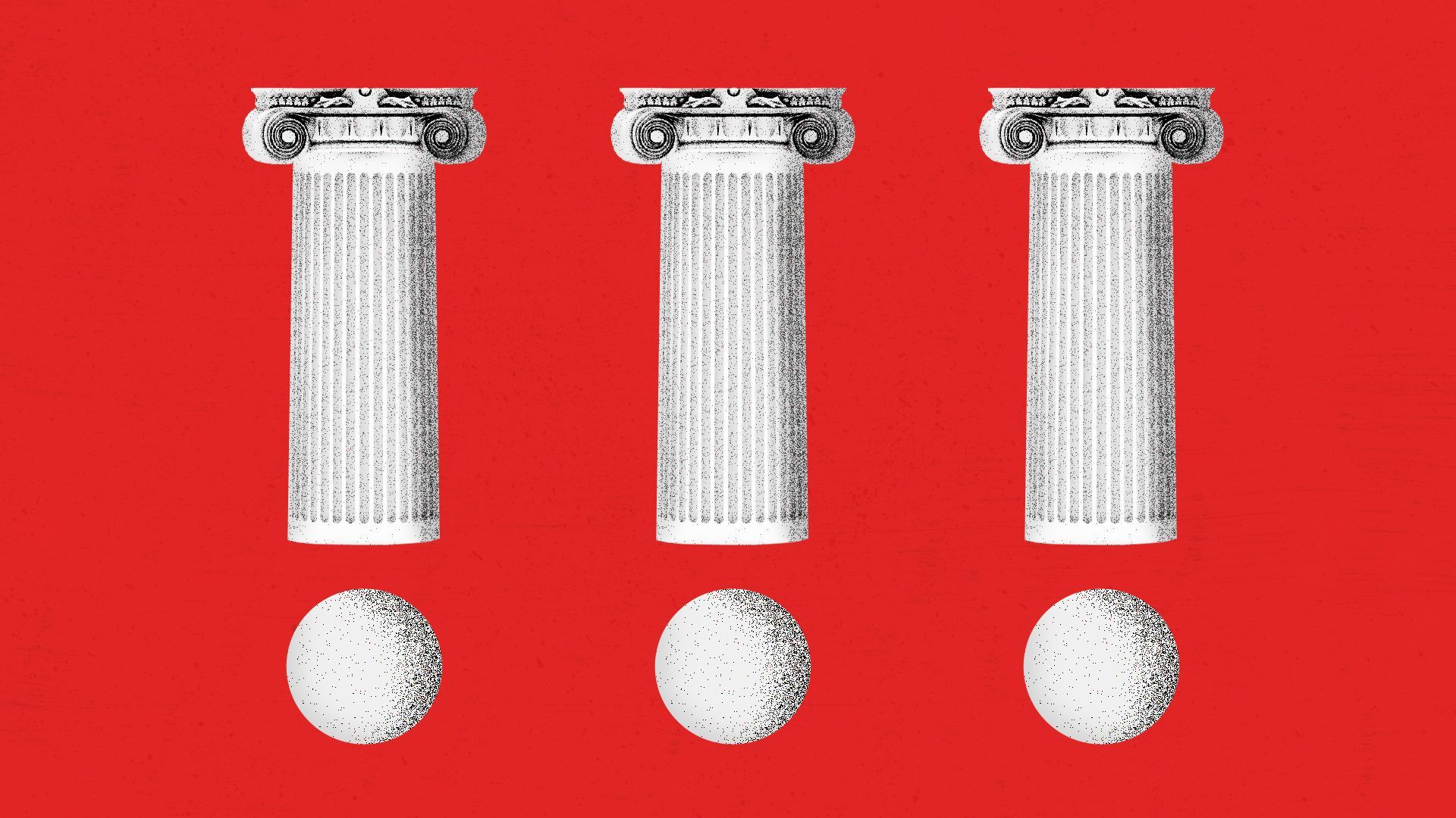Illustration of three exclamation points formed from Greek columns. 
