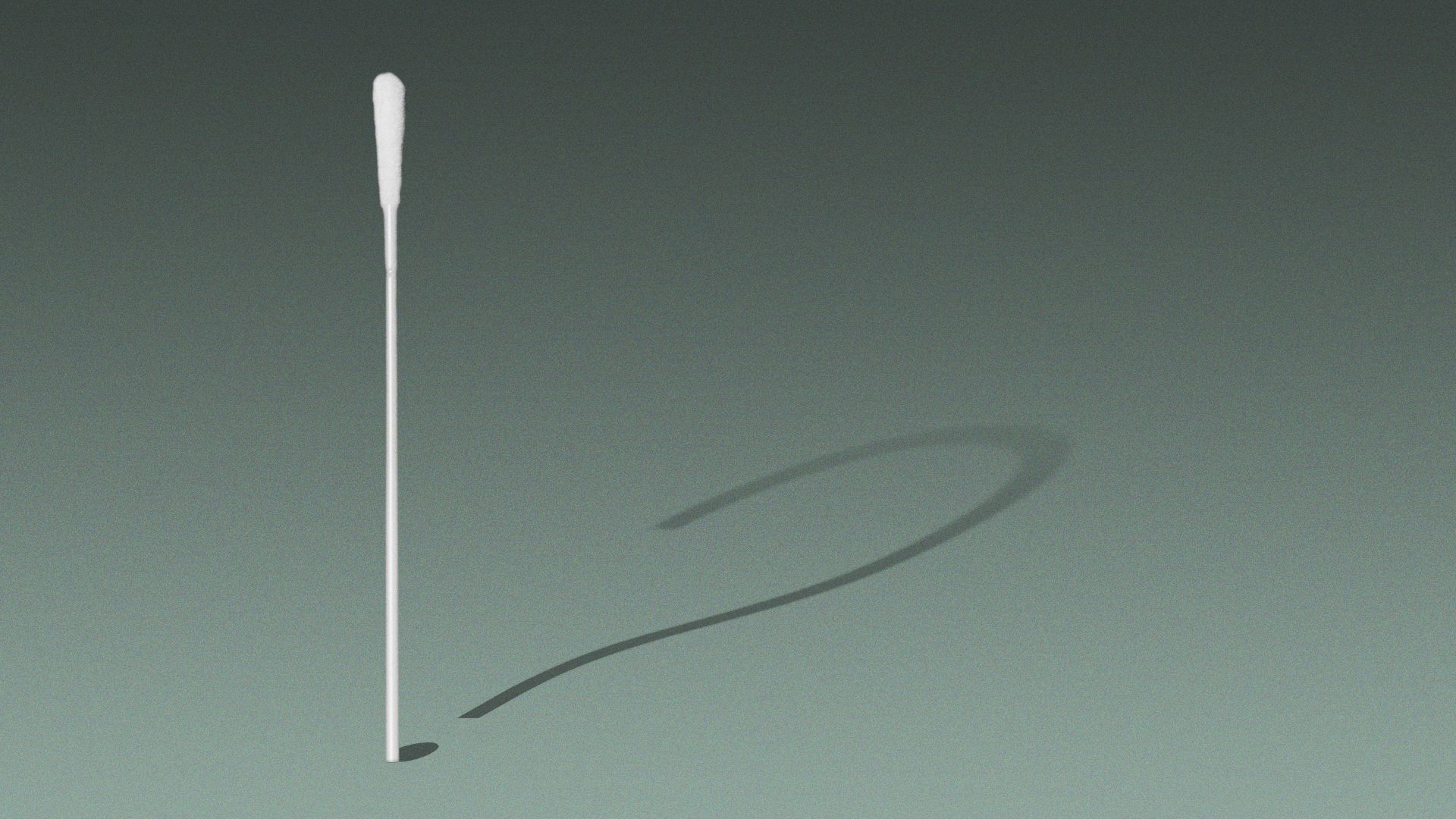 An at-home COVID swab casting a shadow in the shape of a question mark.