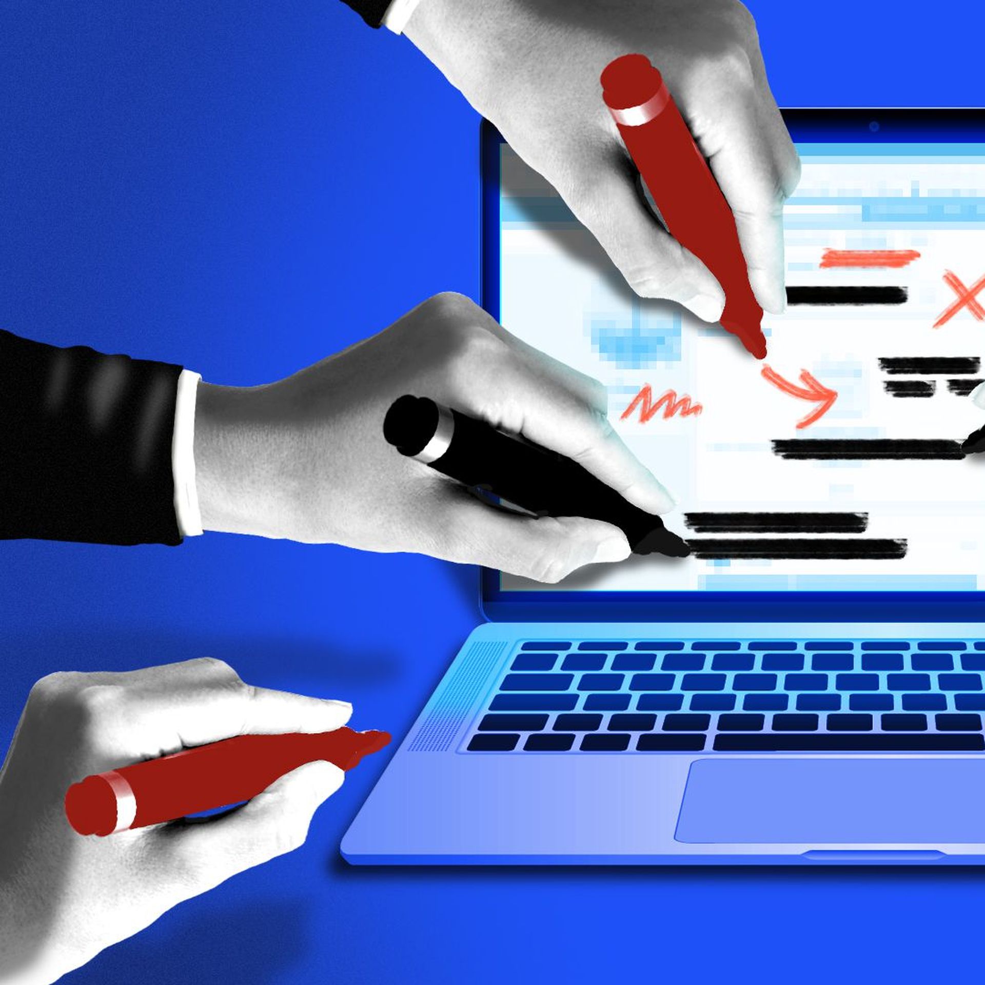 Illustration of hands with markers crossing out content on a laptop screen