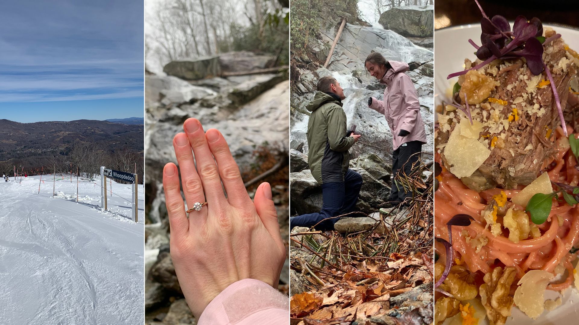 This is a collage of four photos. The first image shows a snowy ski slope at Sugar Mountain. The second is a close-up of a hand with an engagement ring in front of a waterfall. The third shows a person proposing in front of a waterfall. The last is a gourmet pasta dish with, short rib and garnishes.