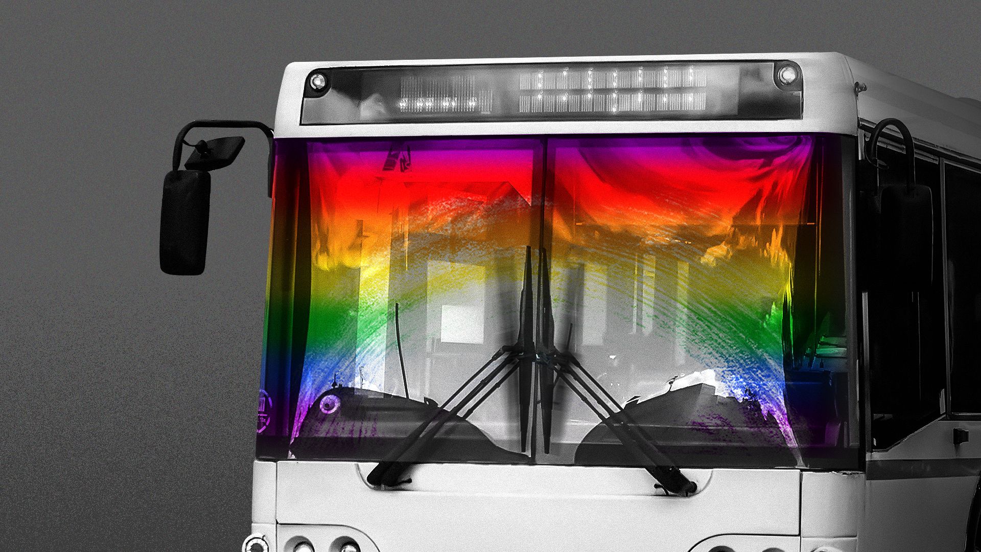 Illustration of a bus wiping away the rainbow Pride flag from the windshield.