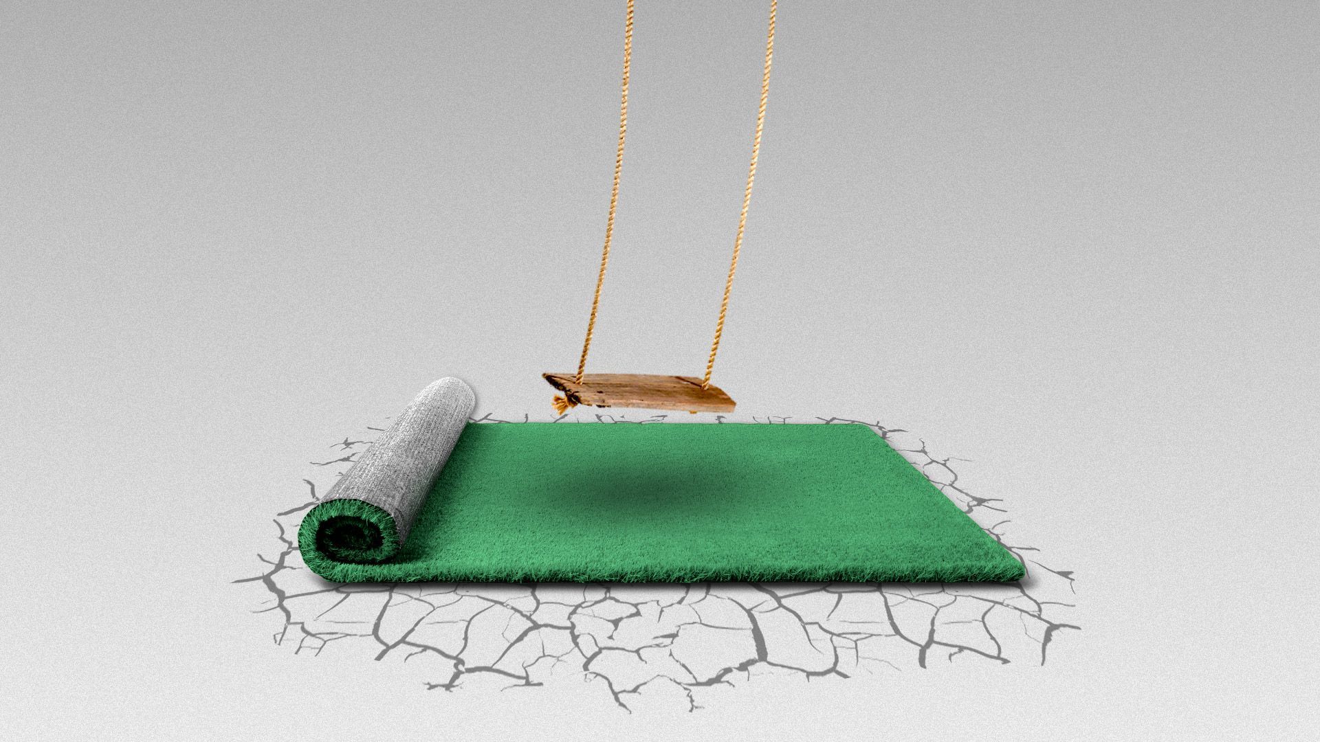 Illustration of a patch of grass on a parched piece of land with a swing above