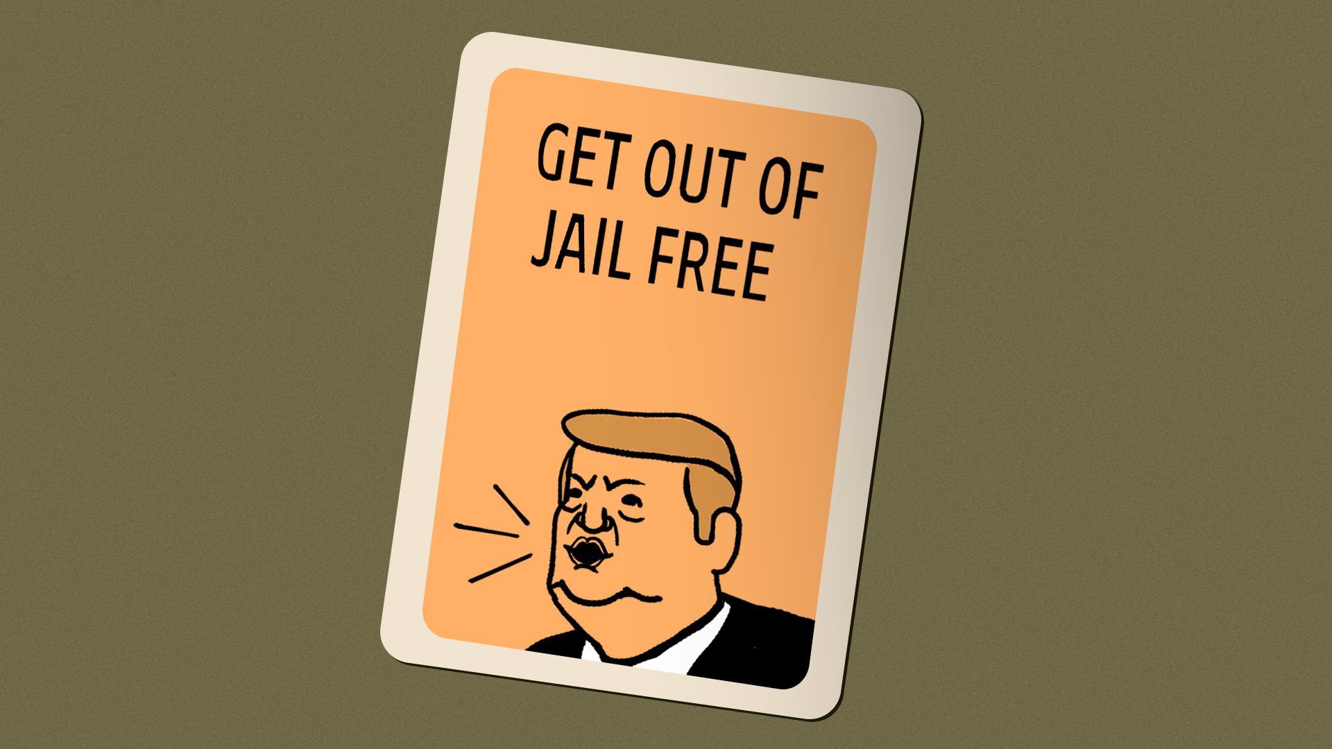 Illustration of a playing card featuring Trump and the words "Get Out of Jail Free"