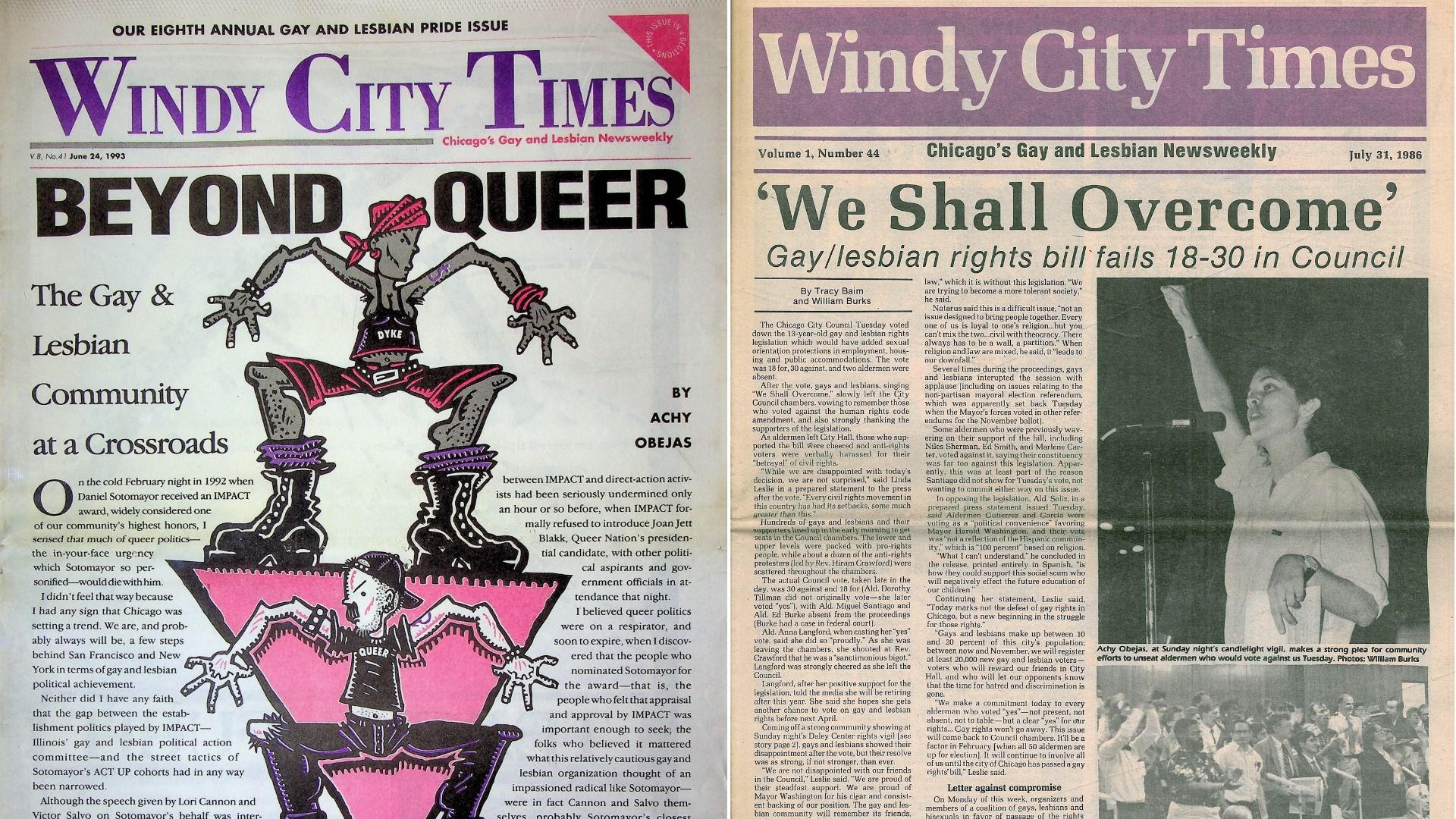 Two Windy City Times covers: left, June 24, 1993, with headline "Beyond Queer" and cartoon figures; right, July 31, 1986, with headline "We Shall Overcome" and photo of speaker at podium.
