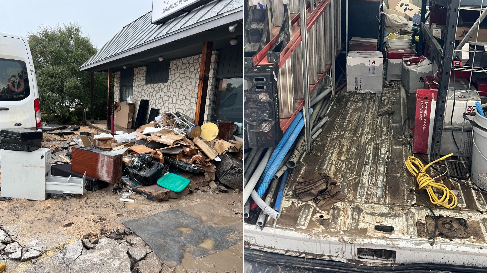 Two photos: The left shows a storefront with a stone facade and a large pile of debris piled on broken pavement beside a white van; The right shows a cluttered truck bed filled with boxes, cables, pipes, and miscellaneous equipment with water damage.