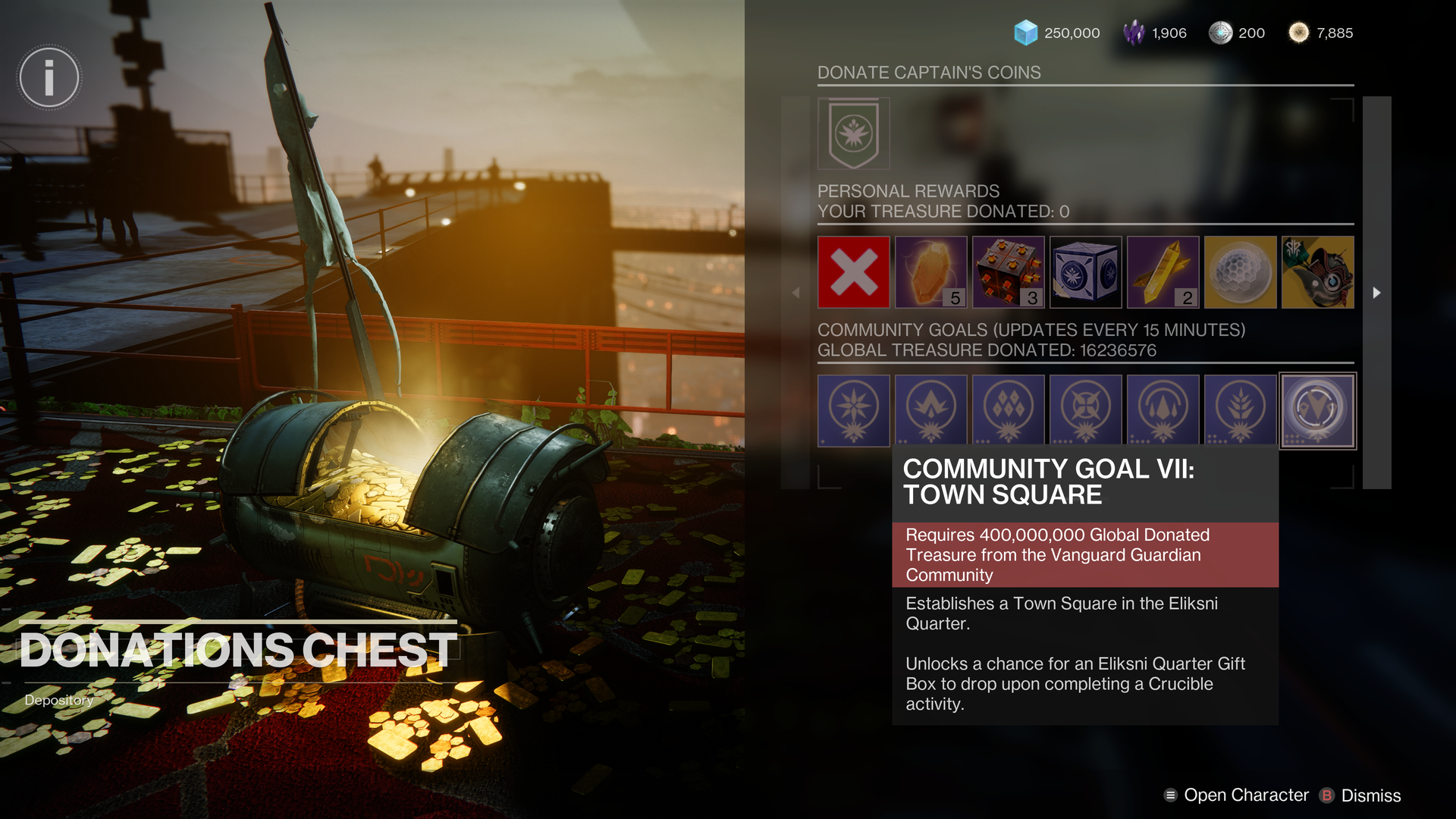 Video game screenshot of a menu in Destiny 2 inviting users to donate 400,00,000 virtual coins to improve an area in the game
