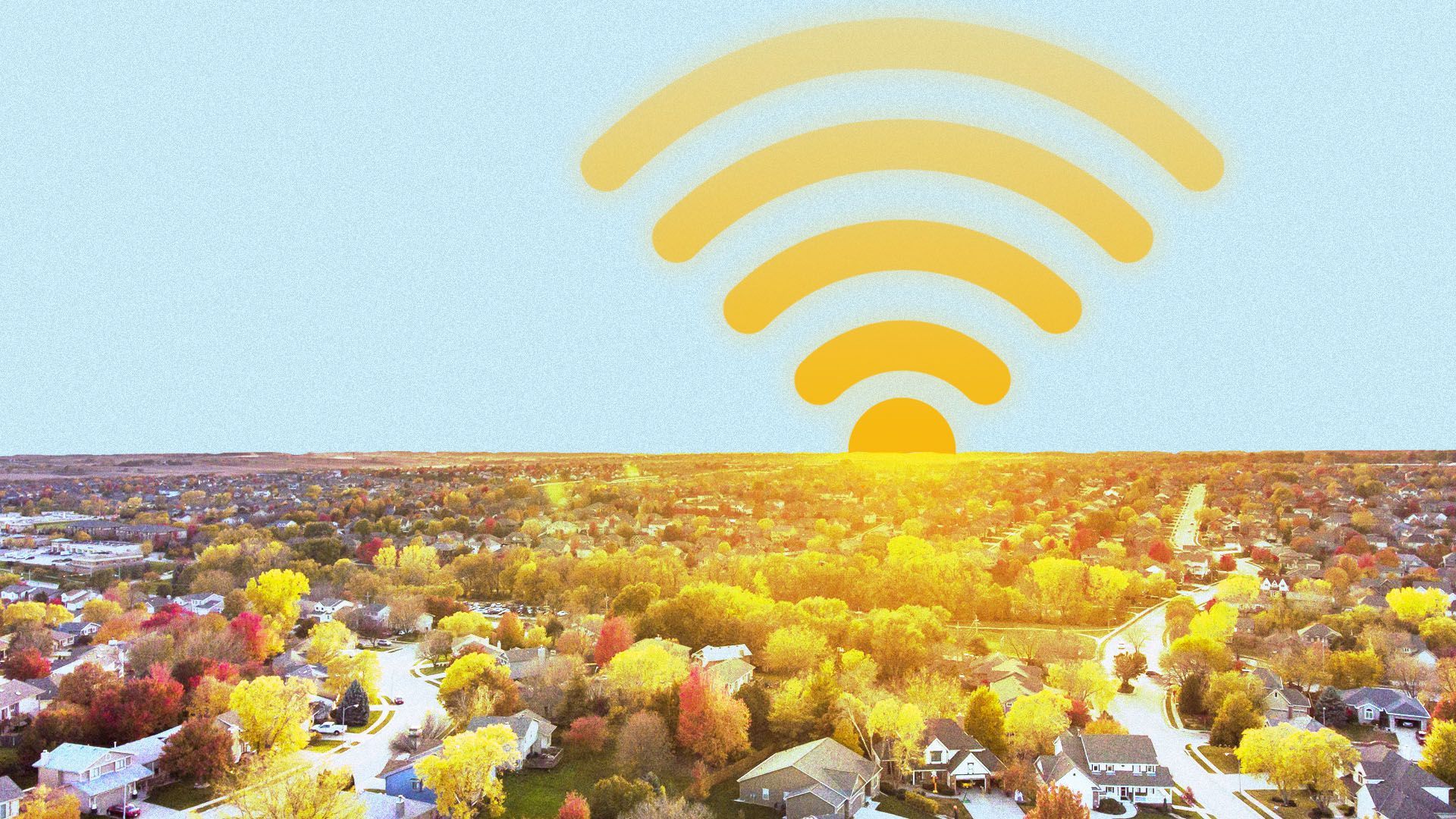 Illustration of a wifi signal over a neighborhood