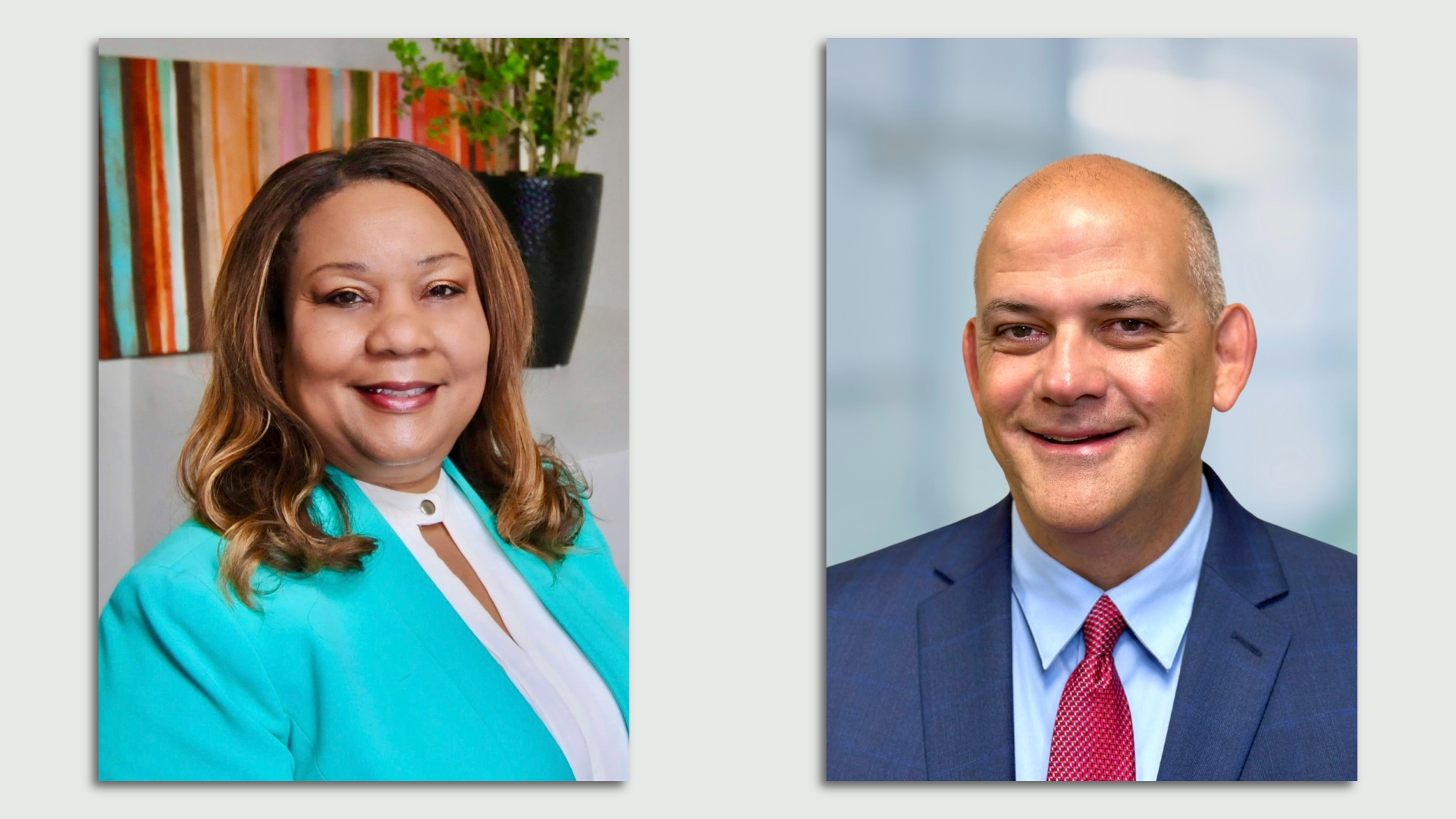 Side by side photos of a woman and a man