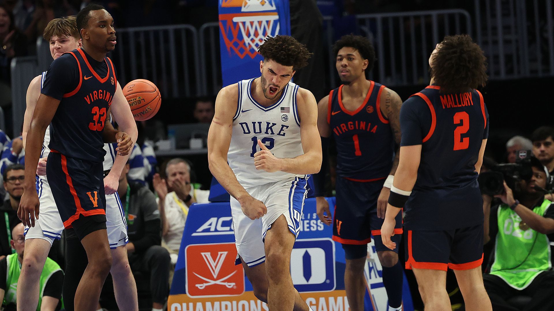 CHARLOTTE, NC - MARCH 14: Duke Blue Devils forward Cameron Boozer (12) during the ACC Men's basketball tournament finals between the Virginia Cavaliers and the Duke Blue Devils on March 14, 2026 at the Spectrum Center in Charlotte, N.C. (Photo by John Byrum/Icon Sportswire via Getty Images)
